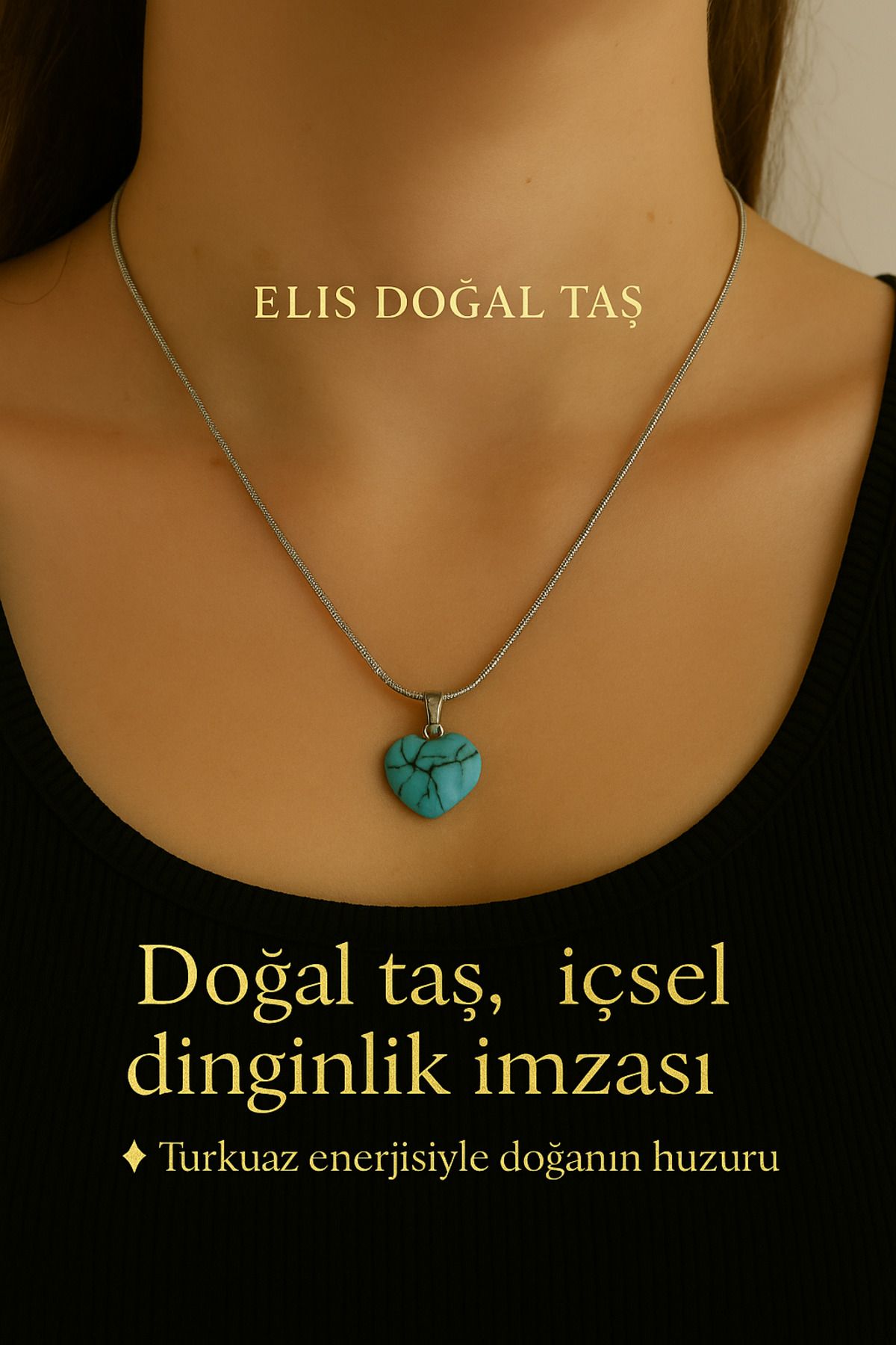 MODA “Firuza Taşı Kalp Kolye – Çelik Zincirli, Doğal ve Zarif Enerji Taşı”