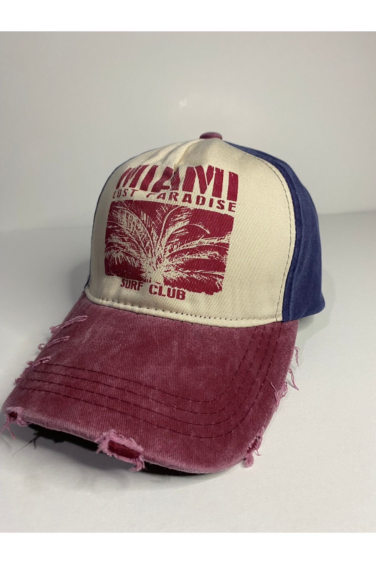 MODA Bordo-Lacivert Vintage Miami Lost Paradise Şapka – Palmiyeli Yırtık Tasarım