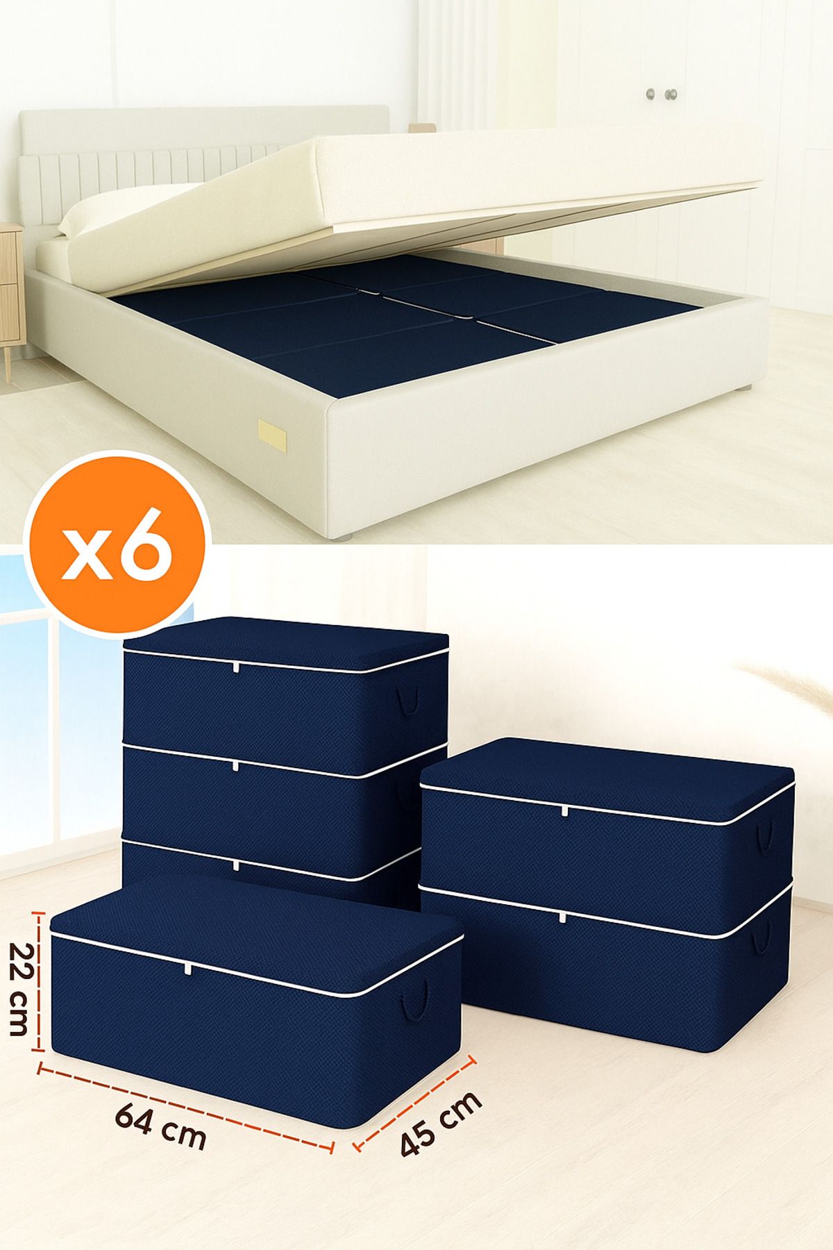 baydar 6'lı Lacivert Hurç Seti - 64x45x22 cm Büyük Boy Saklama Kutusu | Yatak Altı Düzenleyici Hurç Takımı