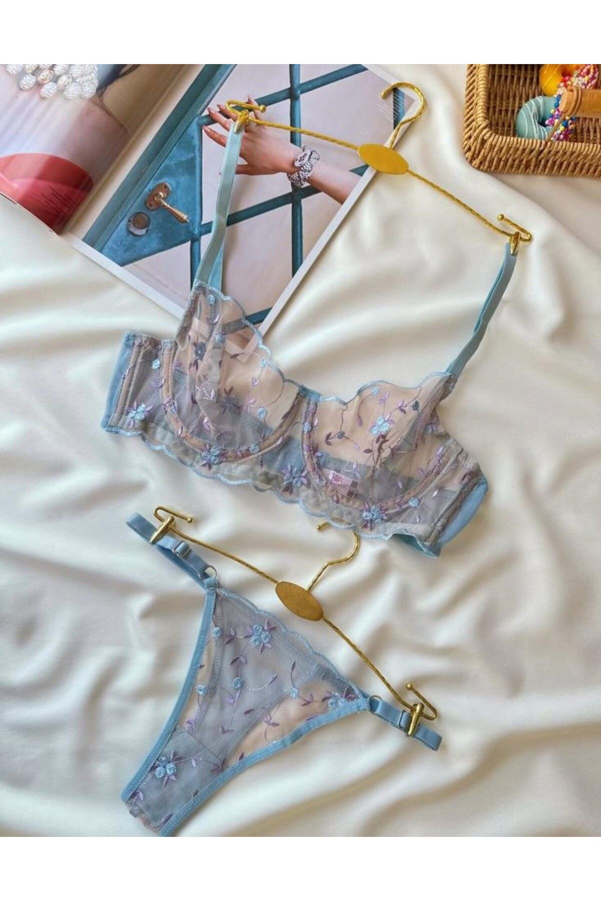 Pretty Mavi-Lila Çiçekli Balenli Transparan Dantelli Sütyen Tanga Takımı - Fantezi İç Giyim
