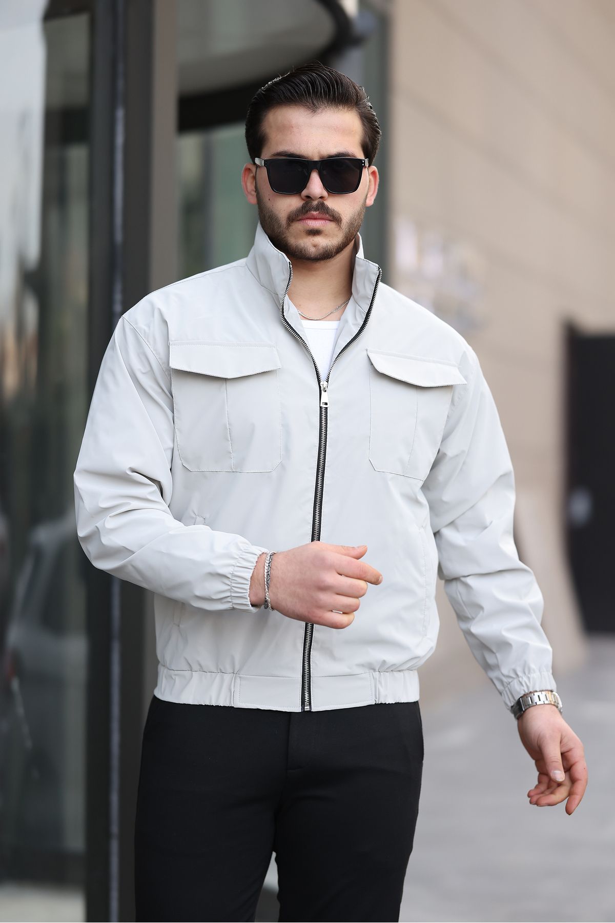 Renvo butik Erkek Grı Fermuarlı Şık Mevsimlik Ceket