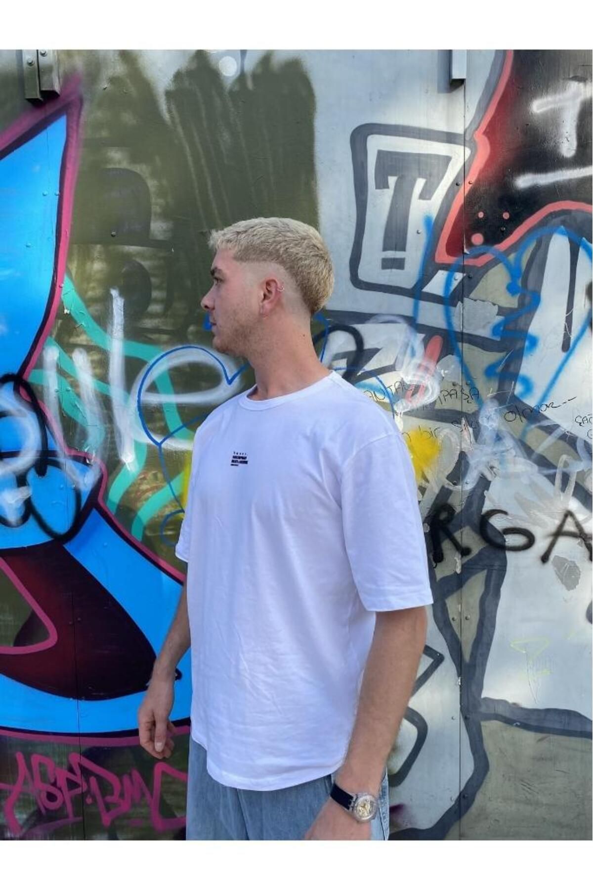 bases. Erkek Baskılı Bisiklet Yaka Oversize T-shirt
