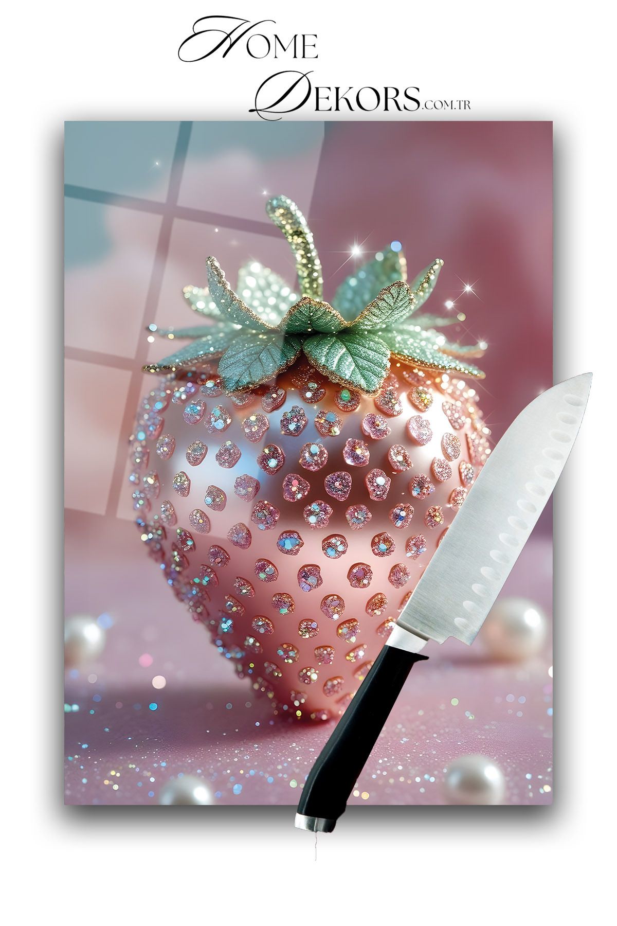 home dekors Cam Kesme Tahtası Doğrama Tablası Kristal Taşlı Pembe Çilek Çeyizlik Hediyelik 35x25 cm