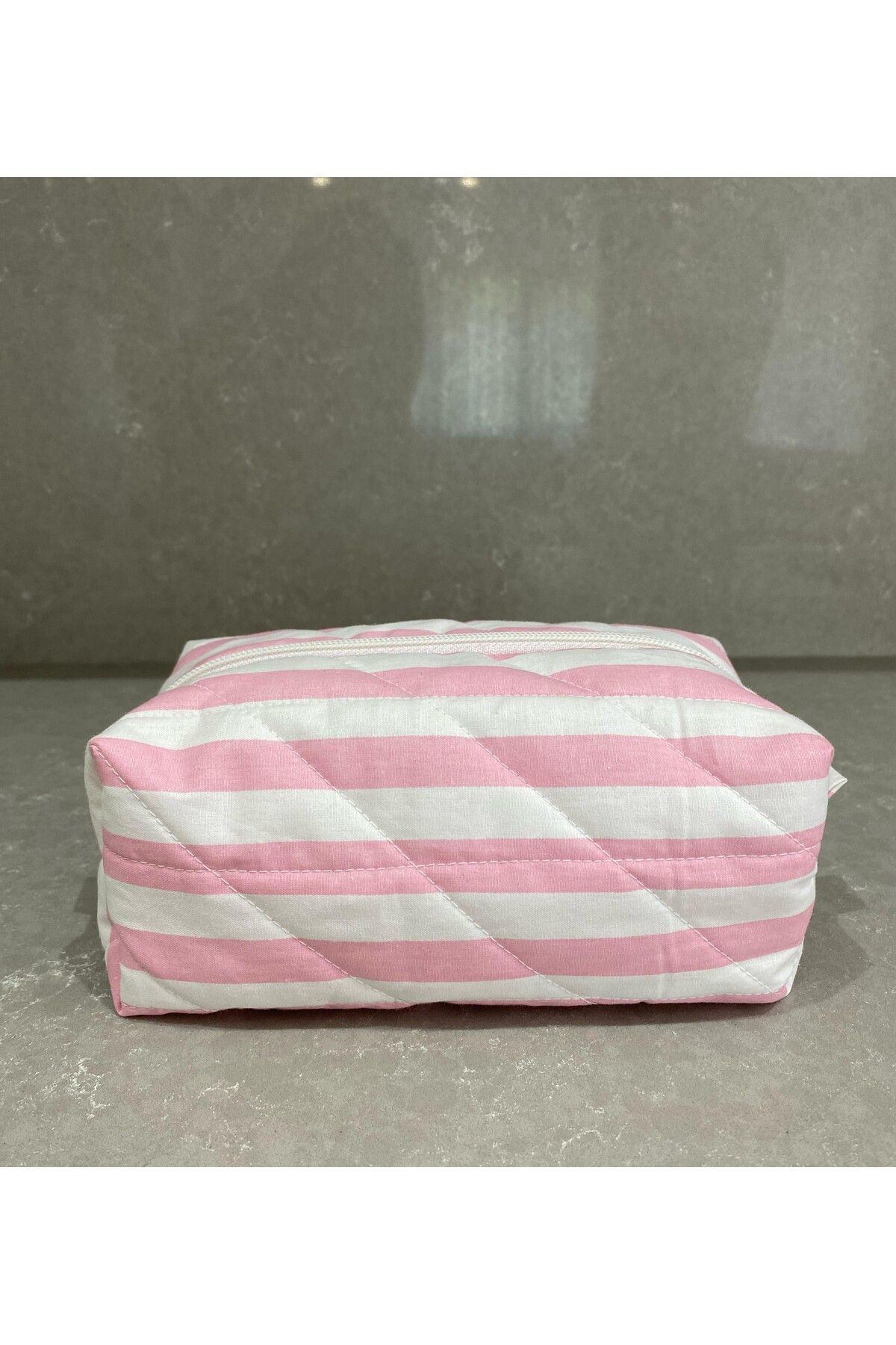 LUSSO Tekstil Pembe Çizgili Makyaj Çantası