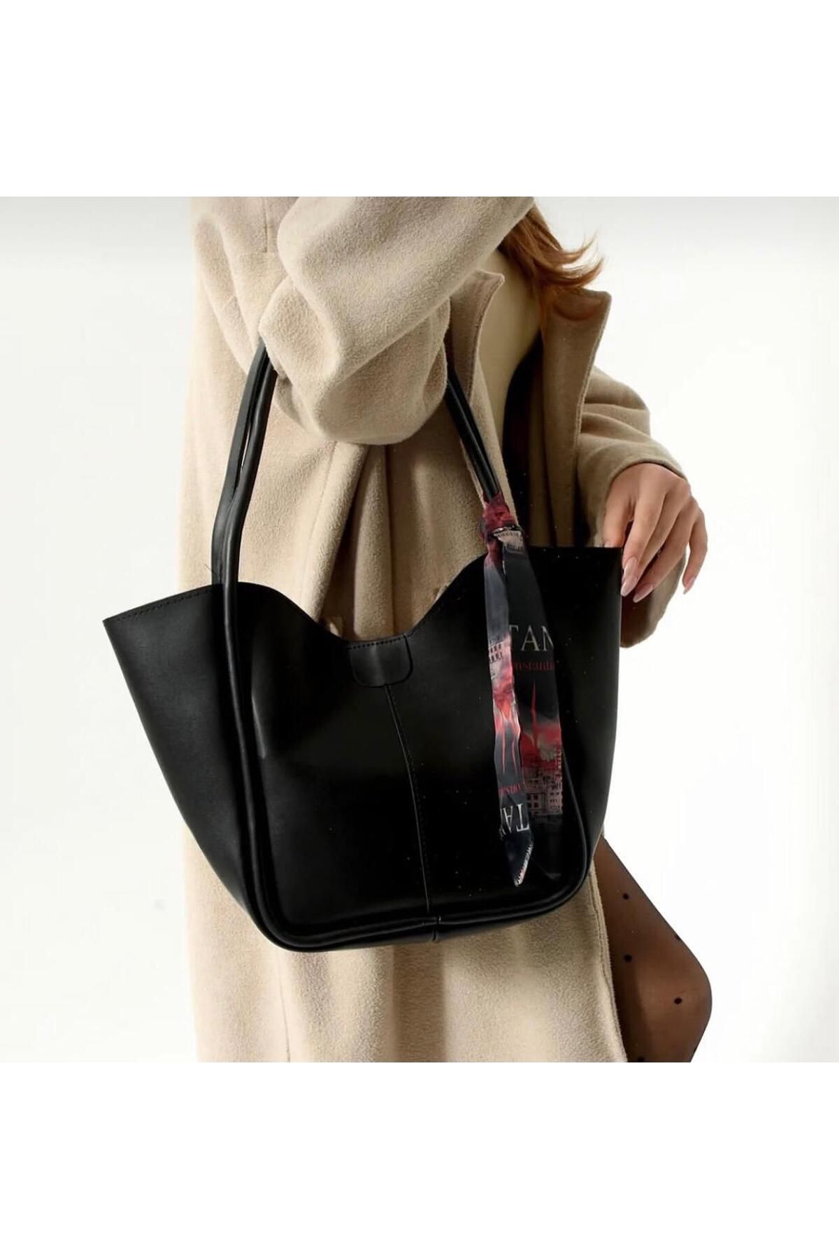 Bag Store Tr Siyah Makyaj Çantalı Büyük Boy Fularlı Omuz Çantası