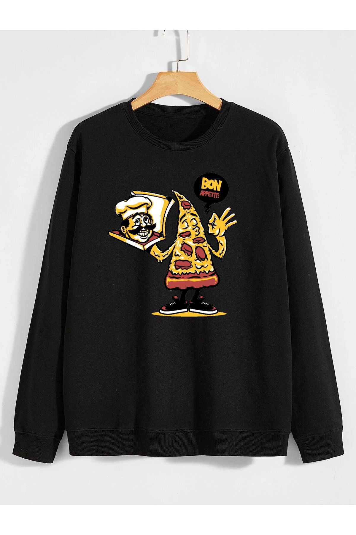 karikatürstore pizza baskılı 0 yaka (bisiklet yaka) sweatshirt