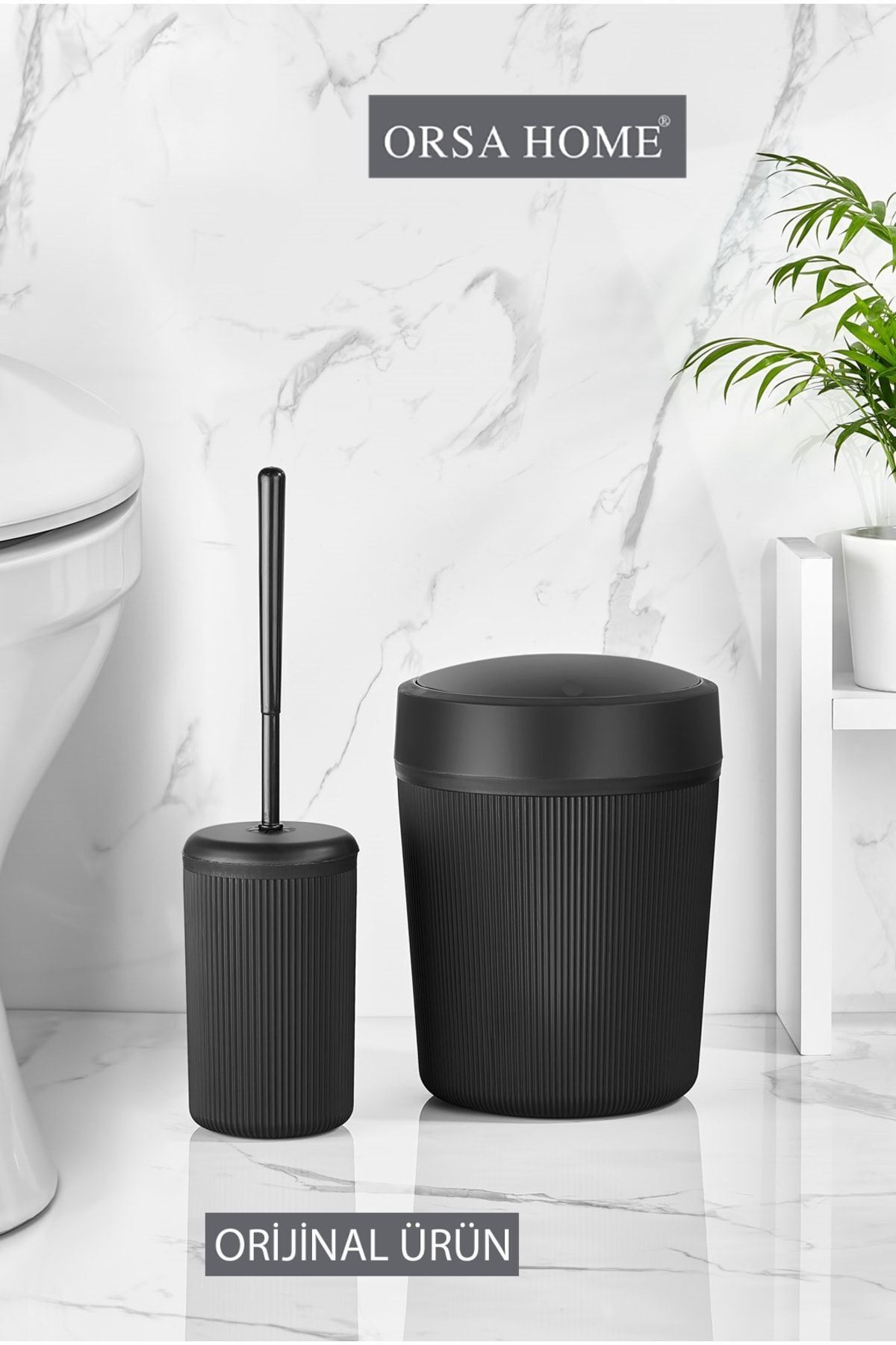 teknotrust Şık Siyah Banyo Çöp Kutusu ve Tuvalet Fırçası Takımı