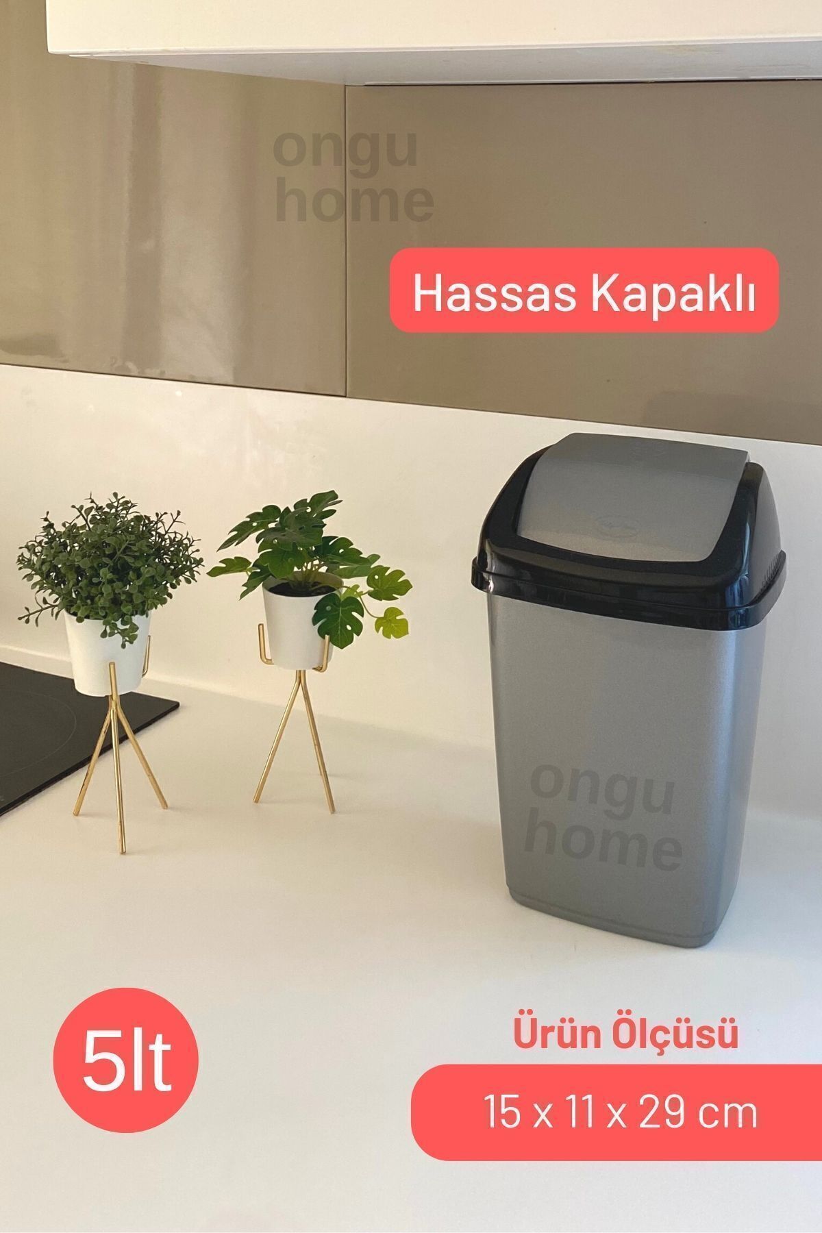 teknotrust Gri Kapaklı Tezgah Üstü Çöp Kovası, Mutfak, Banyo ve Ofis İçin Pratik Çöp Kutusu