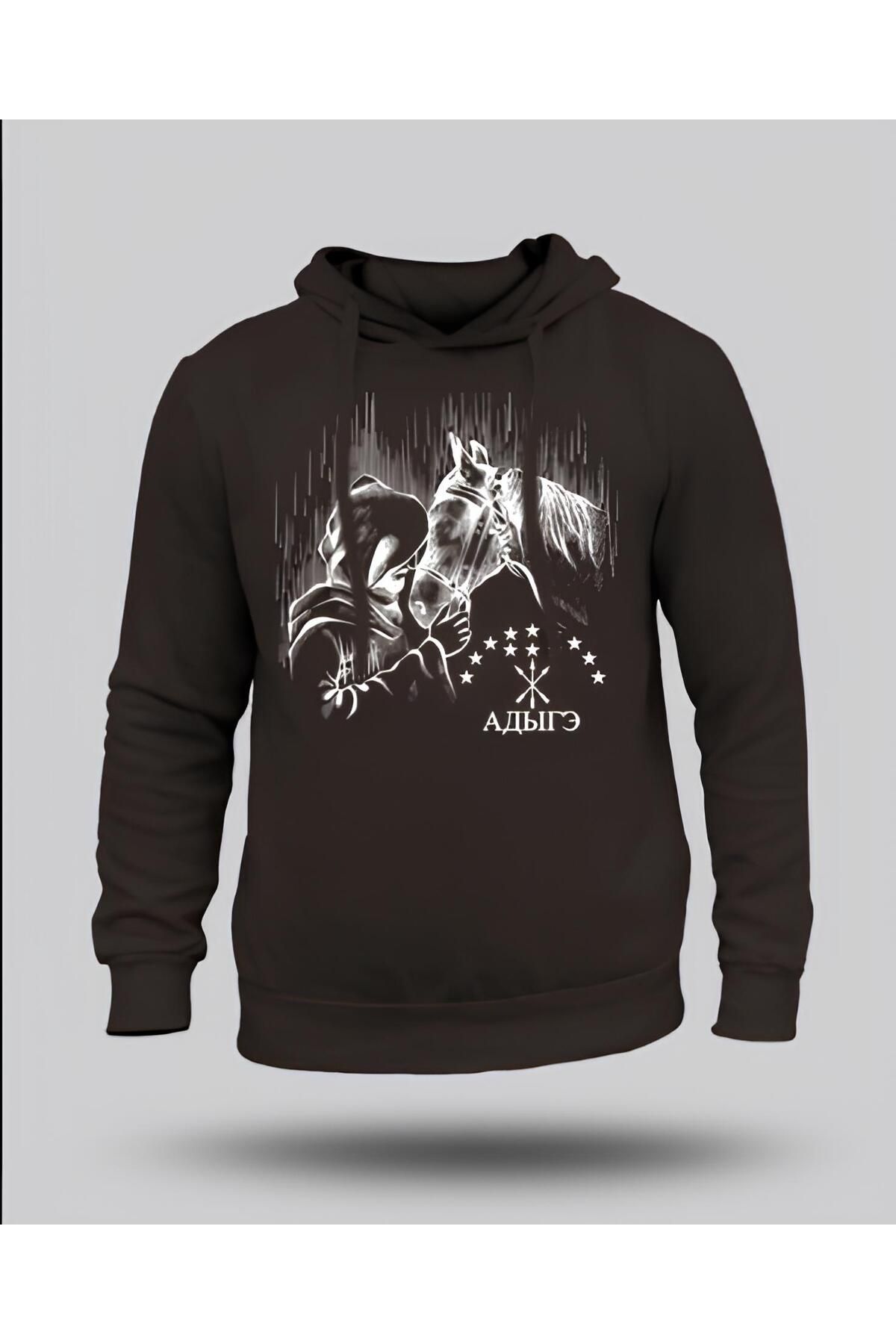 DZİWAWA Adige Abrek Baskılı Çerkes Unisex Hoodie Kapşonlu