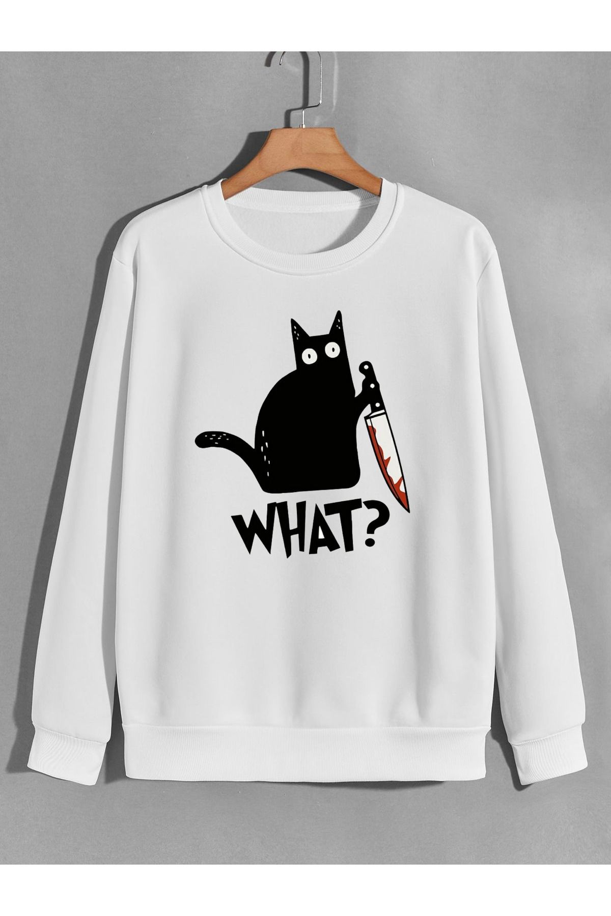 karikatürstore sevimli psikopat kedi baskılı 0 yaka (bisiklet yaka) sweatshirt