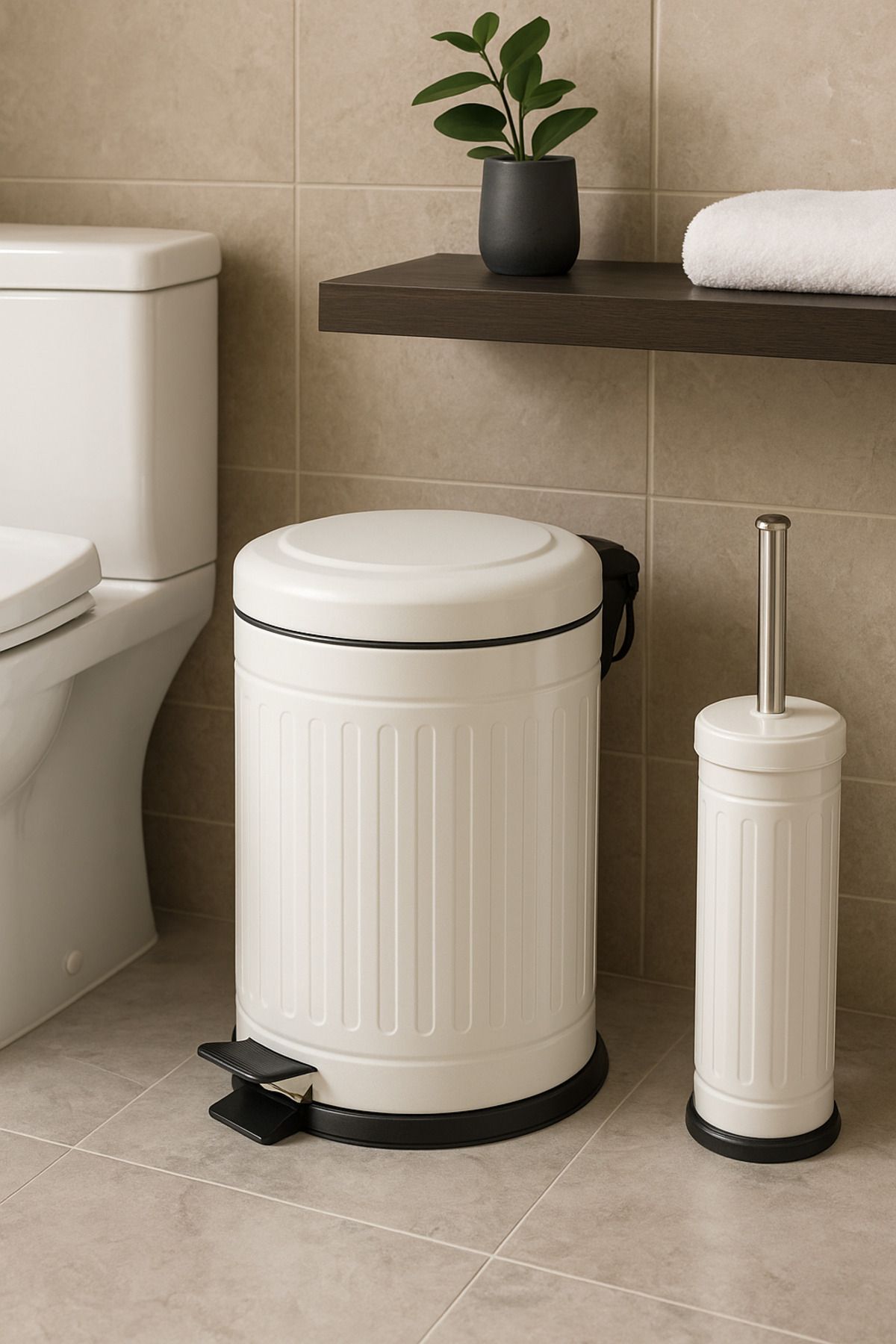 teknotrust Beyaz Çiftli Çöp Kutusu ve WC Fırçası Seti, 5 Litre, Çizgili Model