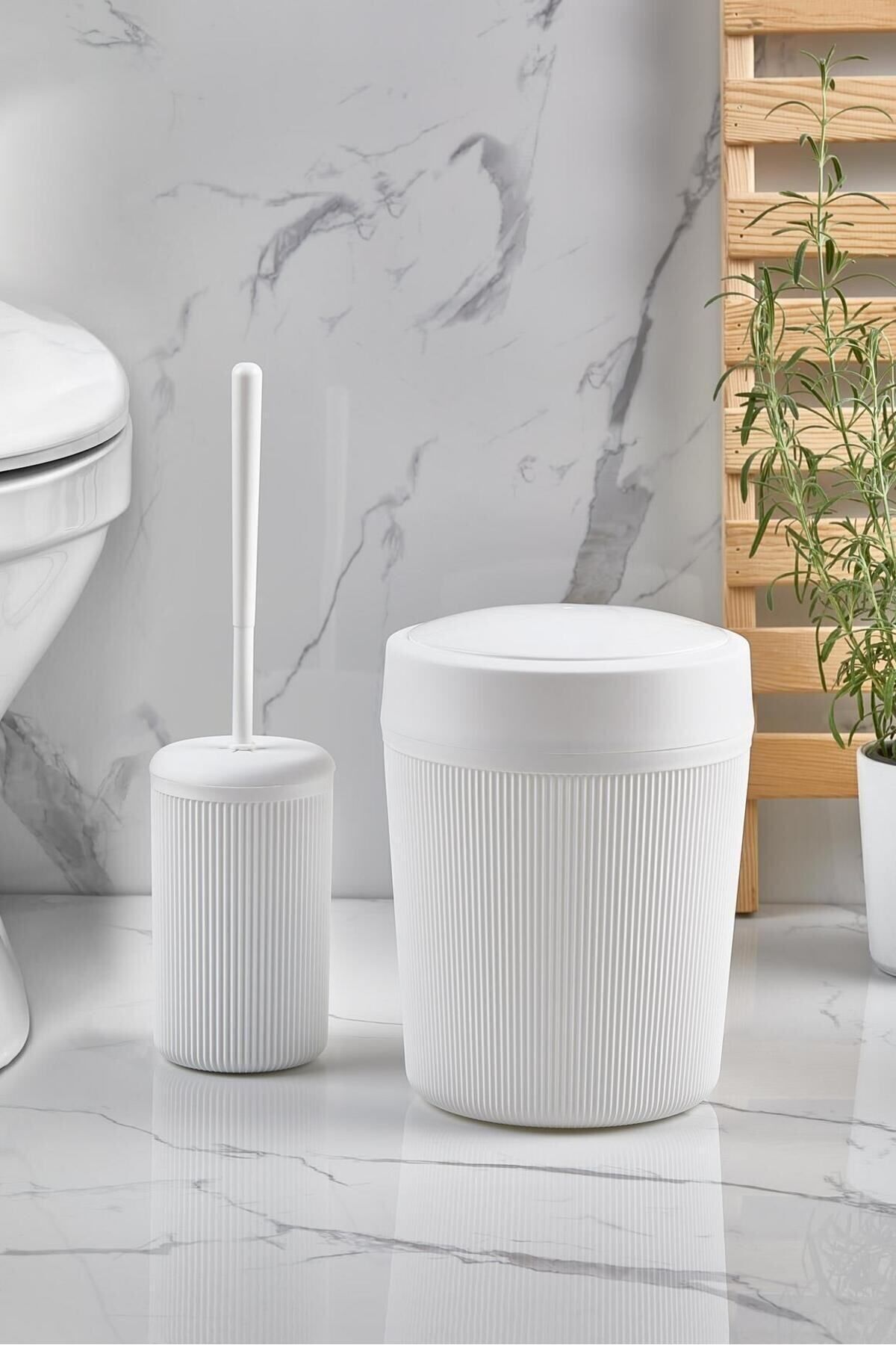 teknotrust Beyaz Banyo Temizlik Seti: Çöp Kovası ve Tuvalet Fırçası