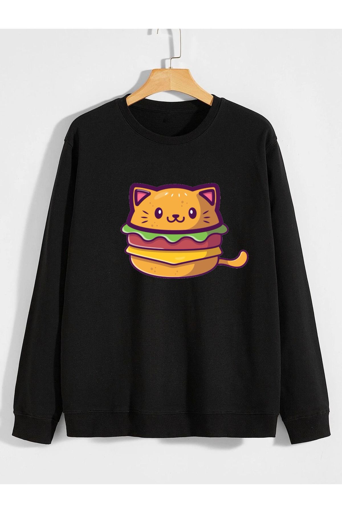 karikatürstore catburger kedi hamburger baskılı 0 yaka (bisiklet yaka) sweatshirt