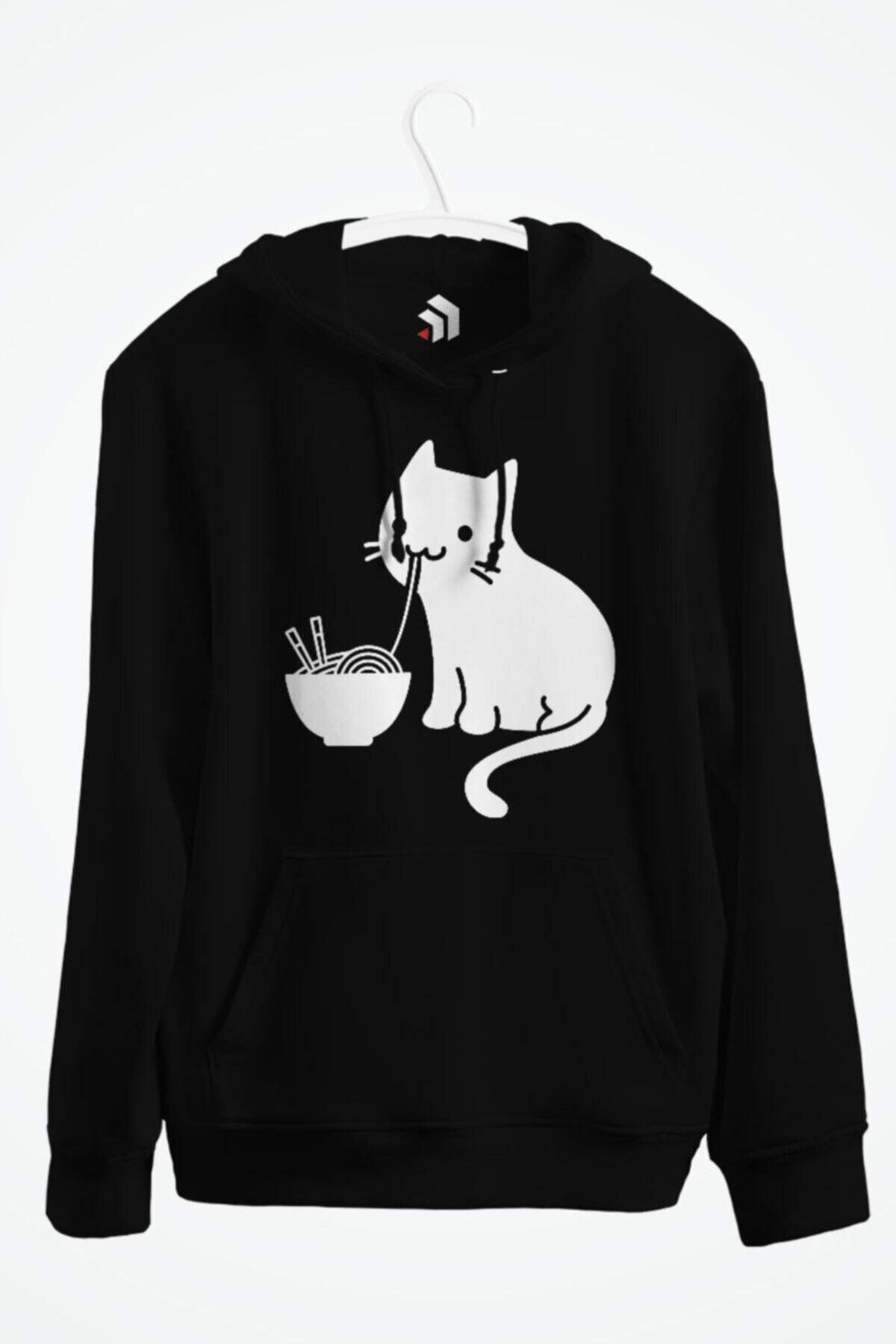 karikatürstore Cute Cat Eating Ramen Kapşonlu Sweatshirt