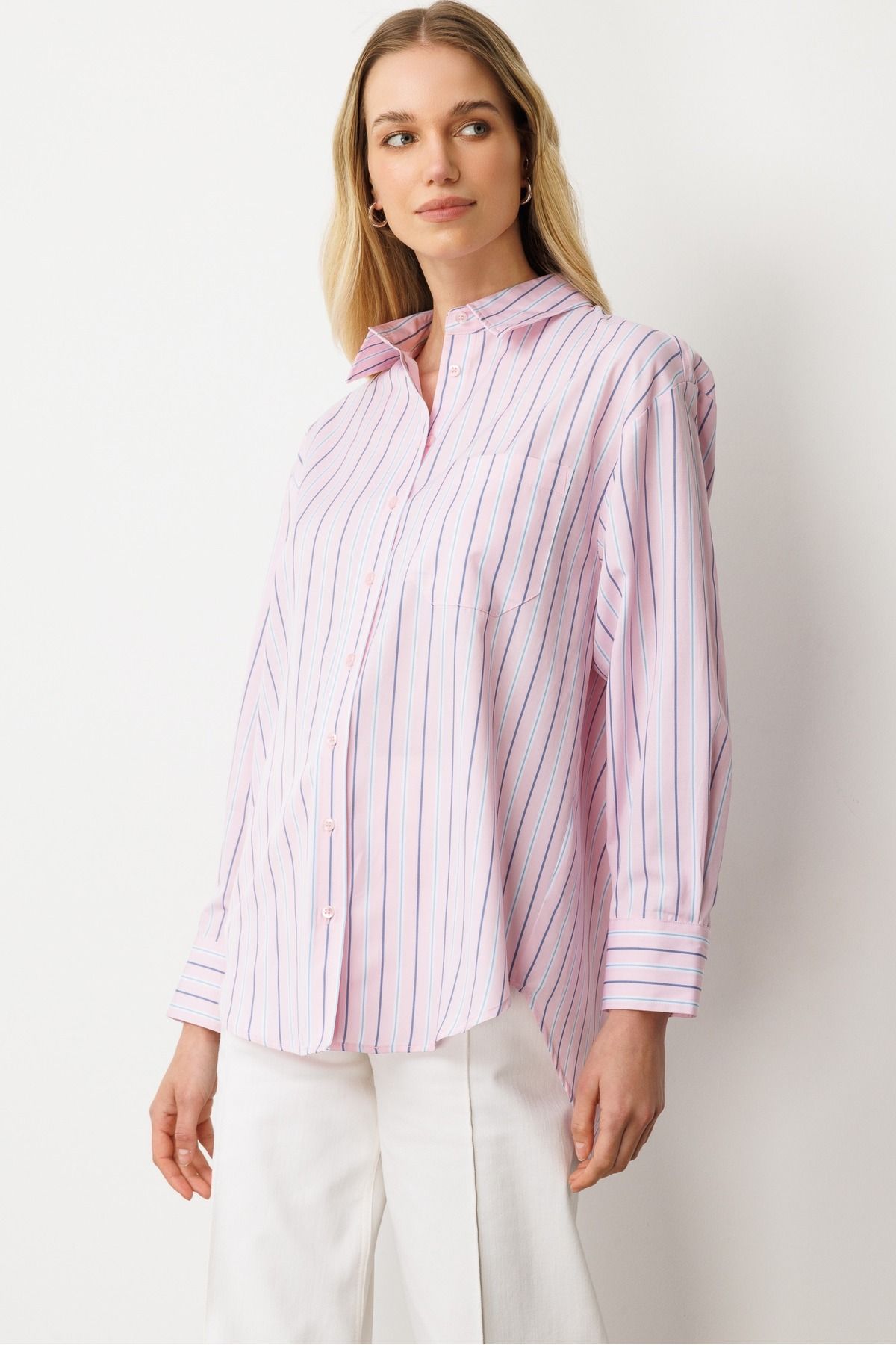 GLENDA Çizgili Cep detaylı Oversize Gömlek - 40