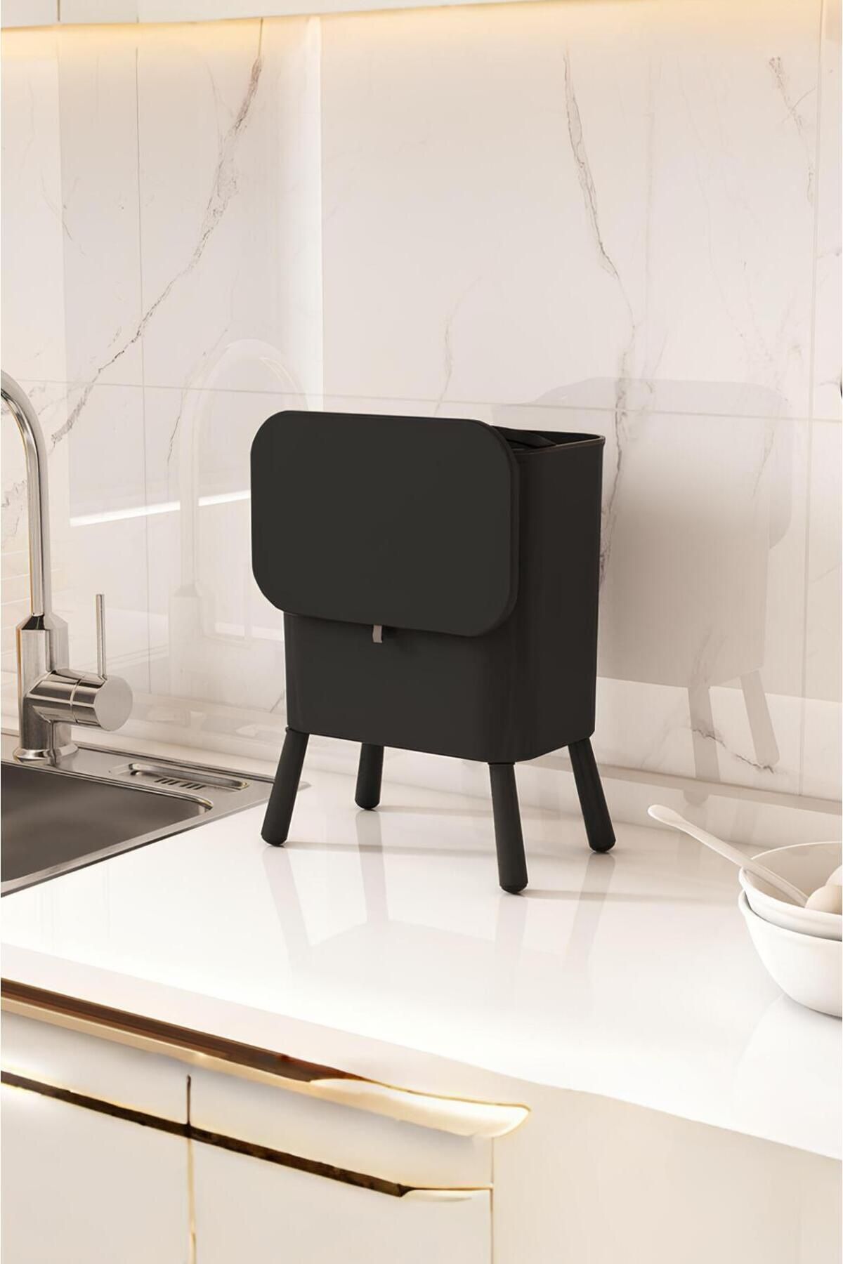 teknotrust 15 Litre Ayaklı Fonksiyonel Kapaklı Banyo ve Mutfak Çöp Kovası, Siyah