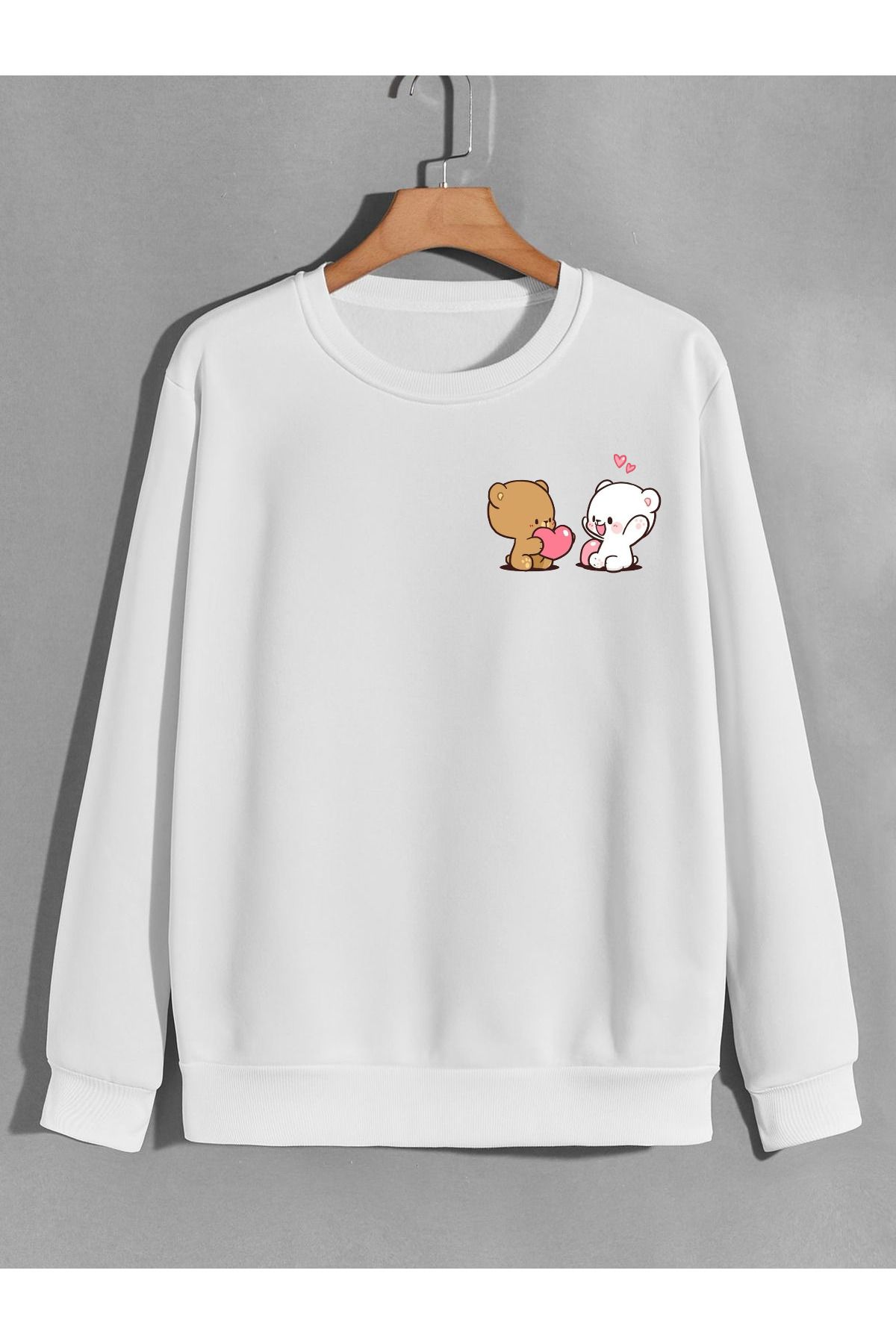 karikatürstore sevimli ayıcıklı sevgili baskılı 0 yaka (bisiklet yaka) sweatshirt