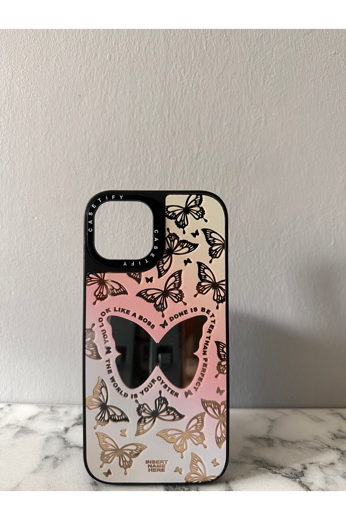 KILIF DEPOSU Apple iPhone 11 Uyumlu Pembe Kelebek Tasarımlı Sert Şeffaf Aynalı Koruyucu Kadın Telefon Kılıfı