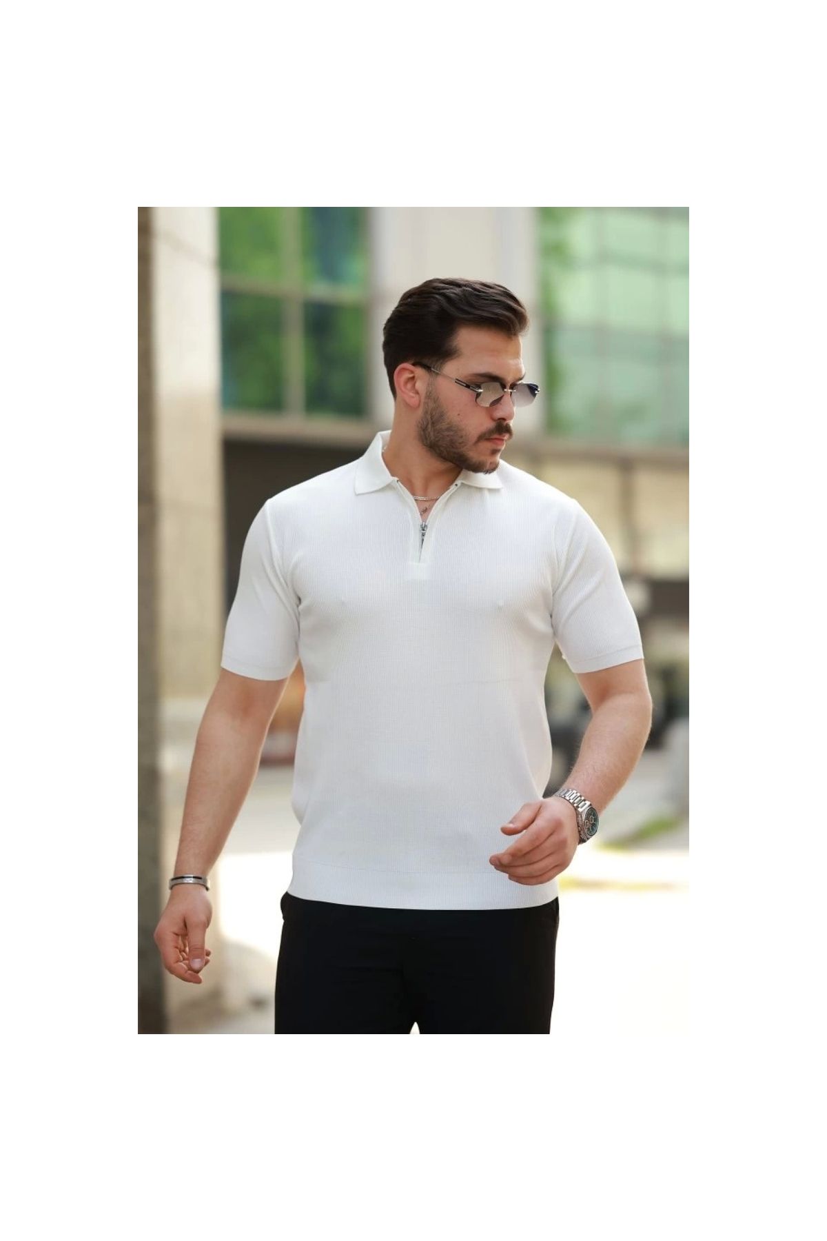 Marsilyan - Erkek Fermuarlı Yakalı Kısa Kollu Tshirt
