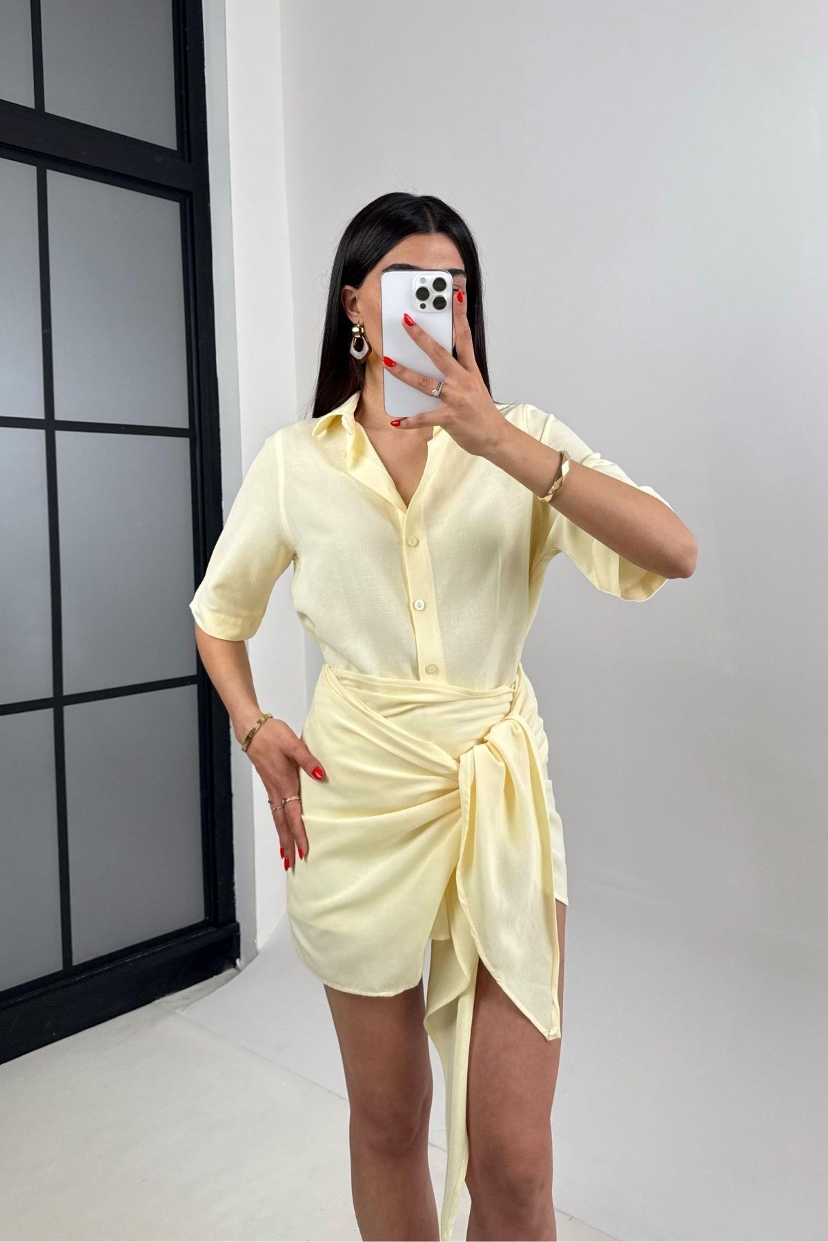 FMN Butik fiyonk bağlama detay tasarım pinterest muadil mini etek kısa kol oversize gömlek şık keten takım