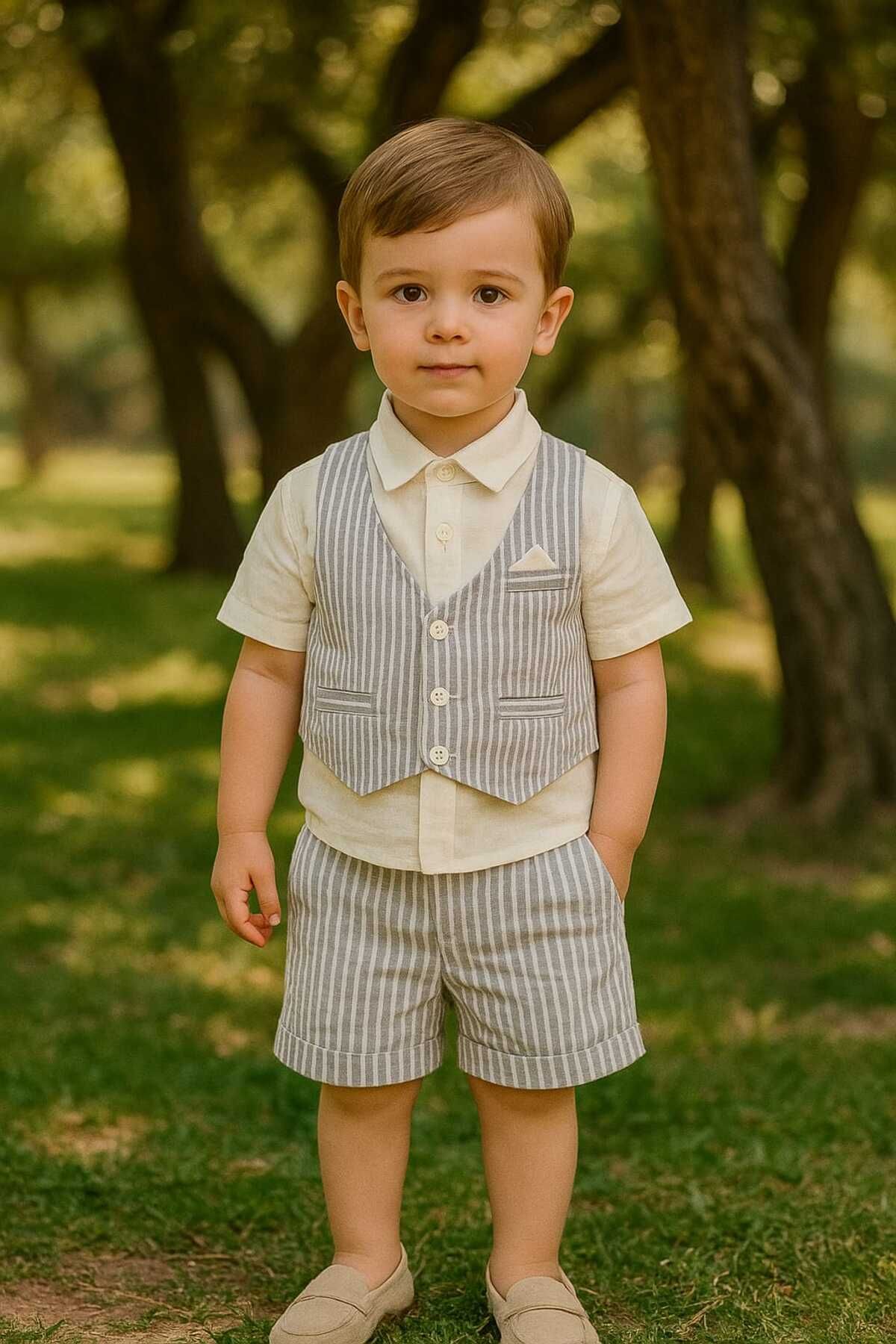 Lino Baby Müslin Kumaş Gömlek Yelek Birleşik İkili Erkek Çocuk Takım