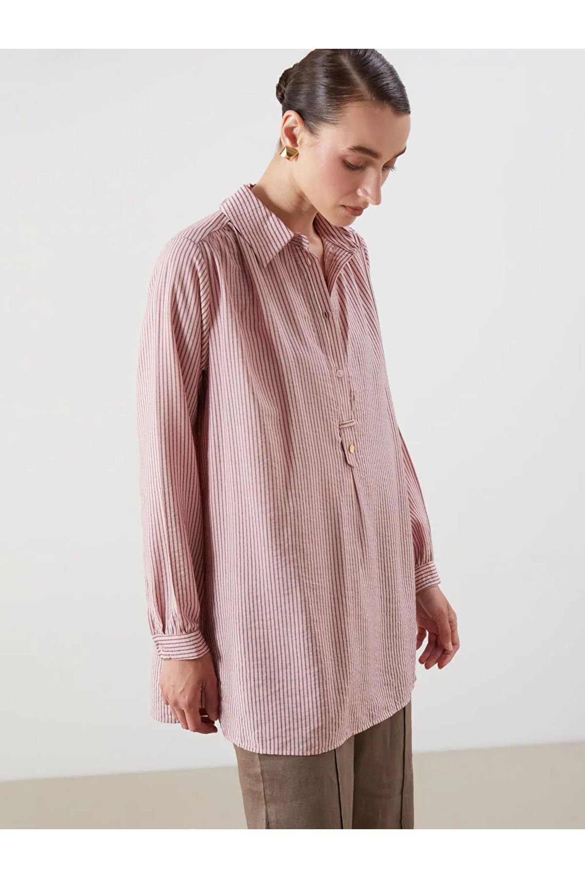 LC Waikiki LCWAIKIKI Classic Pembe Çizgili Oversize Kadın Gömlek Tunik