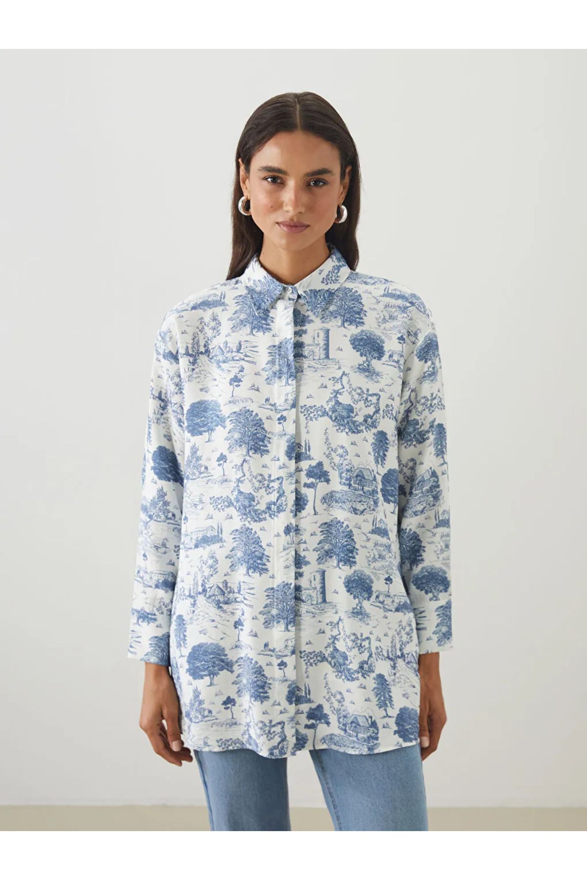 LC Waikiki LCW Modest Mavi Desenli Modal Karışımlı Kadın Gömlek Tunik