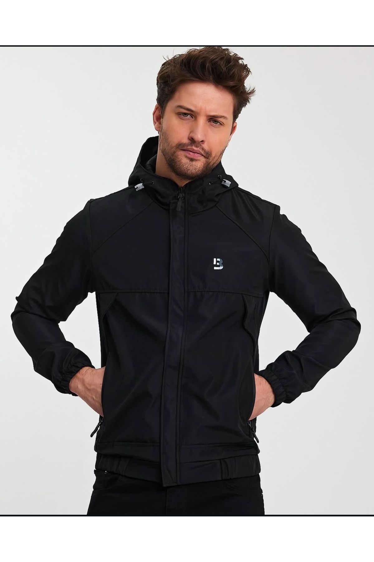 Renvo butik Erkek Siyah Su Geçirmez Kapüşonlu Spor Ceket