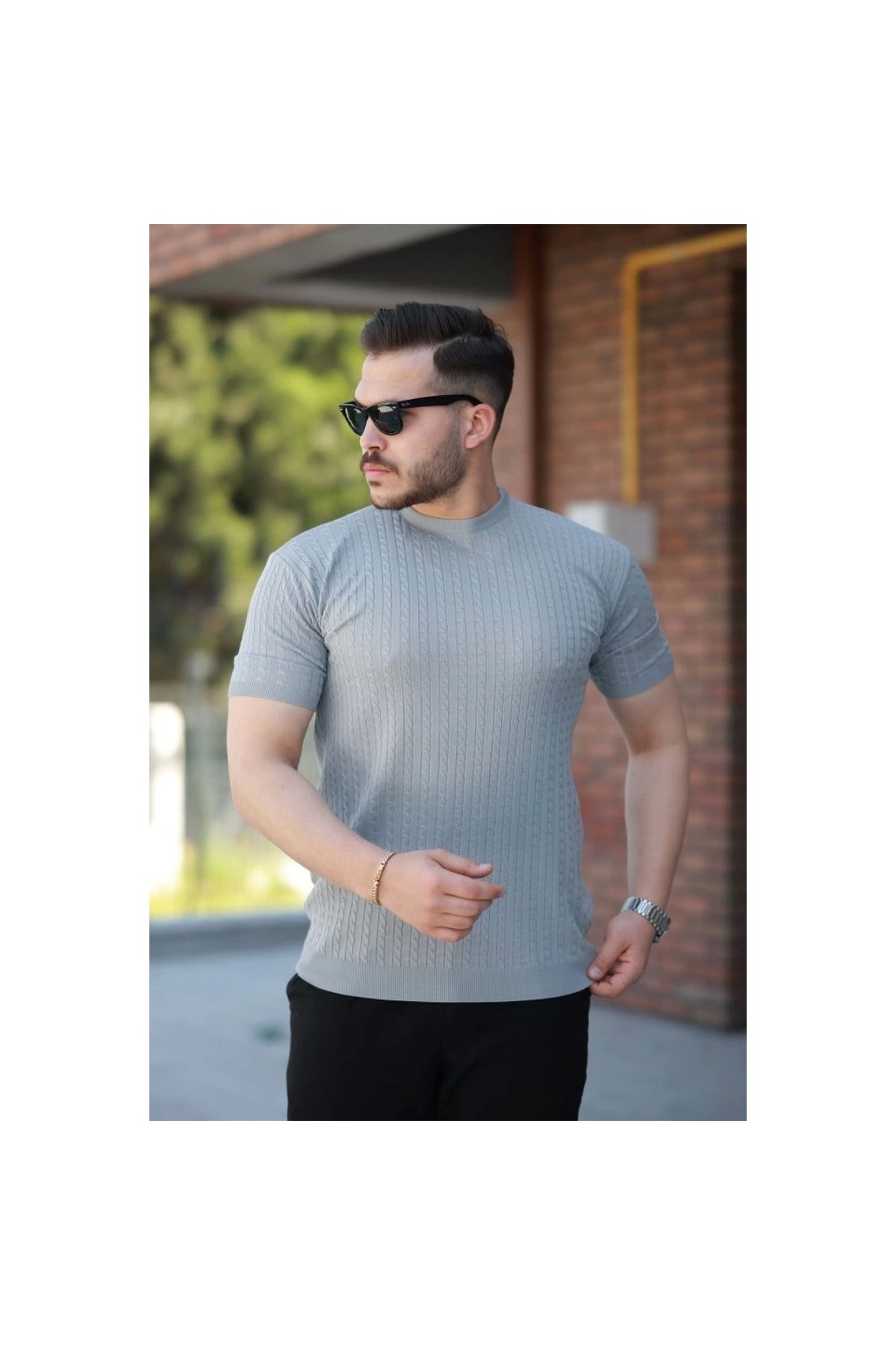 Marsilyan - Erkek Bisiklet Yaka örgü Desenli Kısa örme Triko Kısa Kollu Tshirt