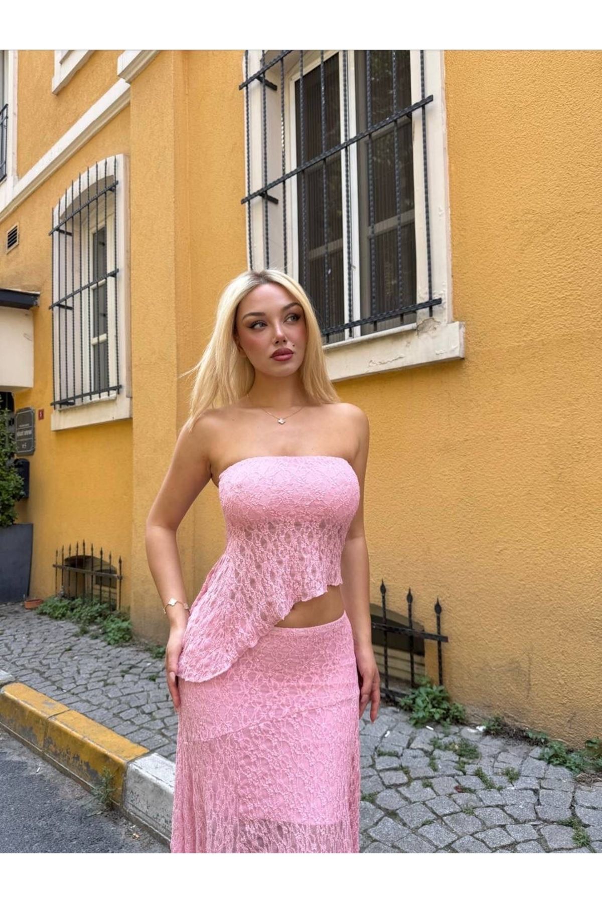 Ekim Store Flok Baskı Dantelli Straplez Bluz Etek İkili Takım
