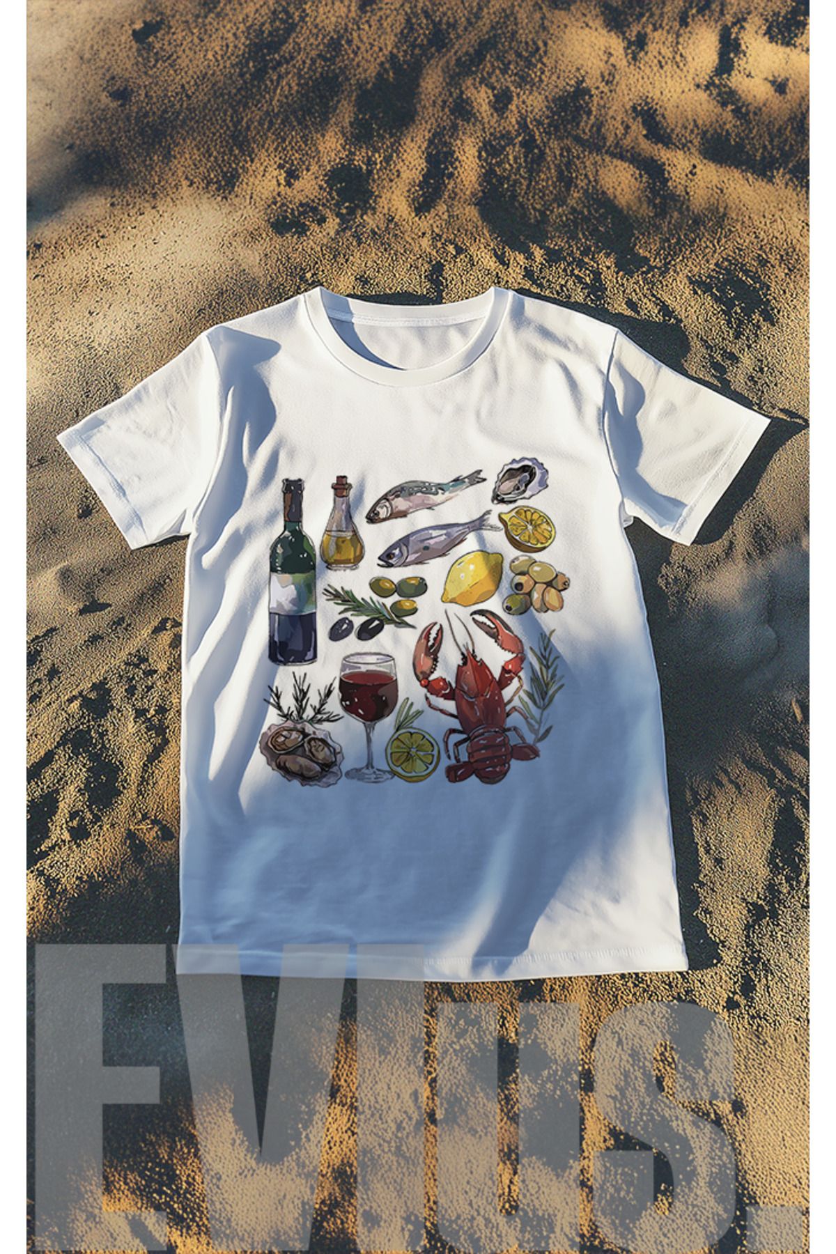 EVIus Oversize Şarap Balık Baskılı Bisiklet Yaka T-Shirt