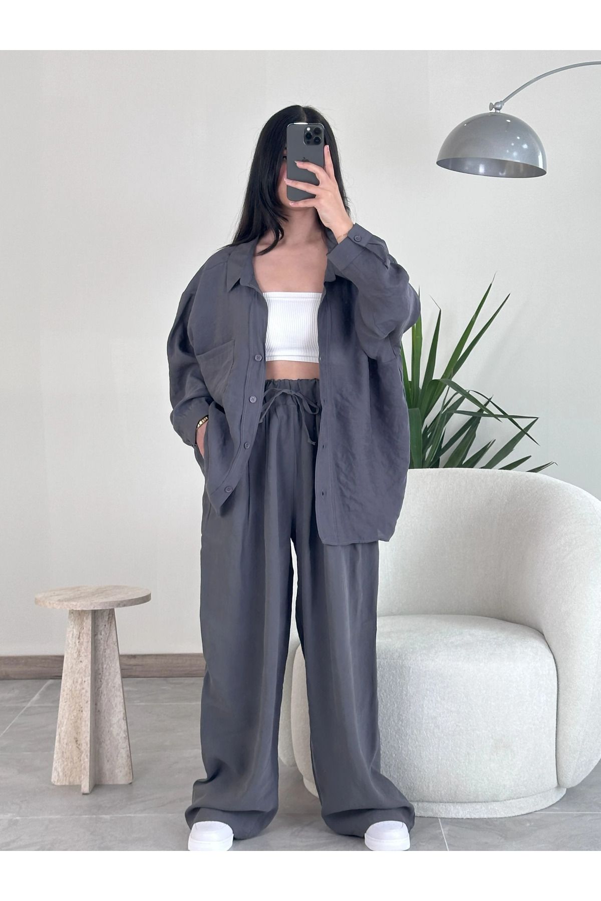 Kyra Studios Antrasit Oversize Gömlek ve Lastikli Pantolon Takım 1020
