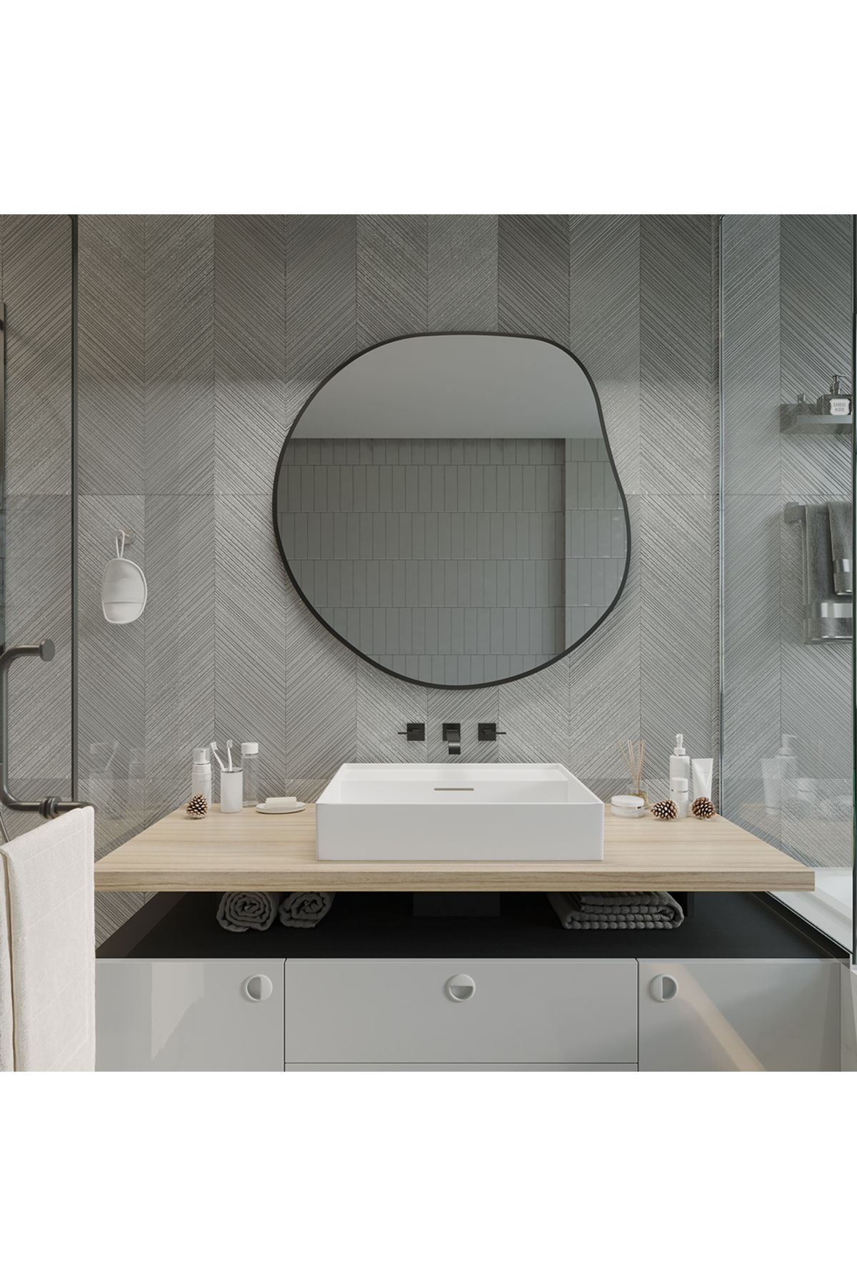 Aypars Atölye 100x100 cm Asimetrik Duvar Aynası – Siyah Kenarlı, Ekstra Büyük Modern Dekoratif Ayna