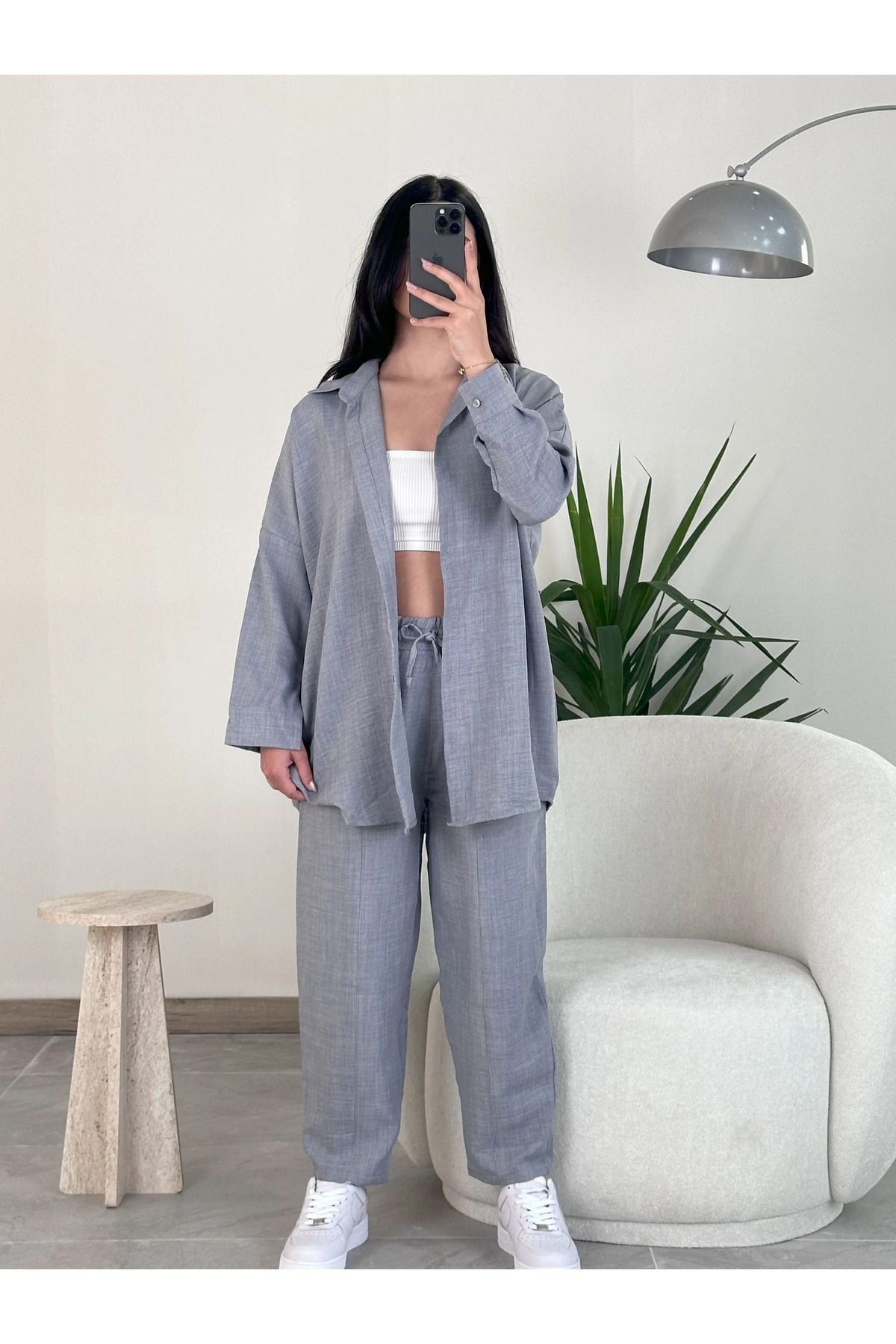 Kyra Studios Gri Keten Alt Üst Takım 1021