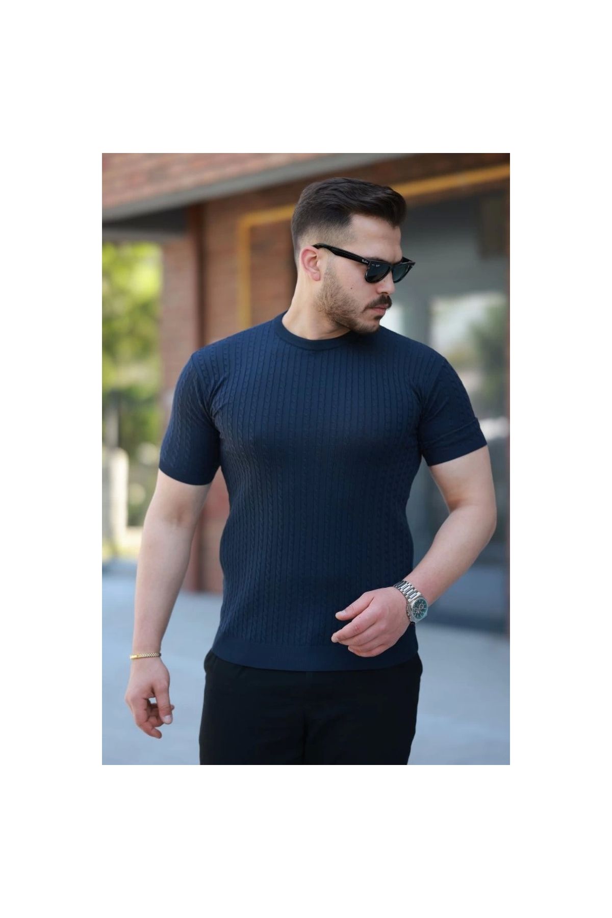 Marsilyan - Erkek Bisiklet Yaka örgü Desenli Kısa örme Triko Kısa Kollu Tshirt