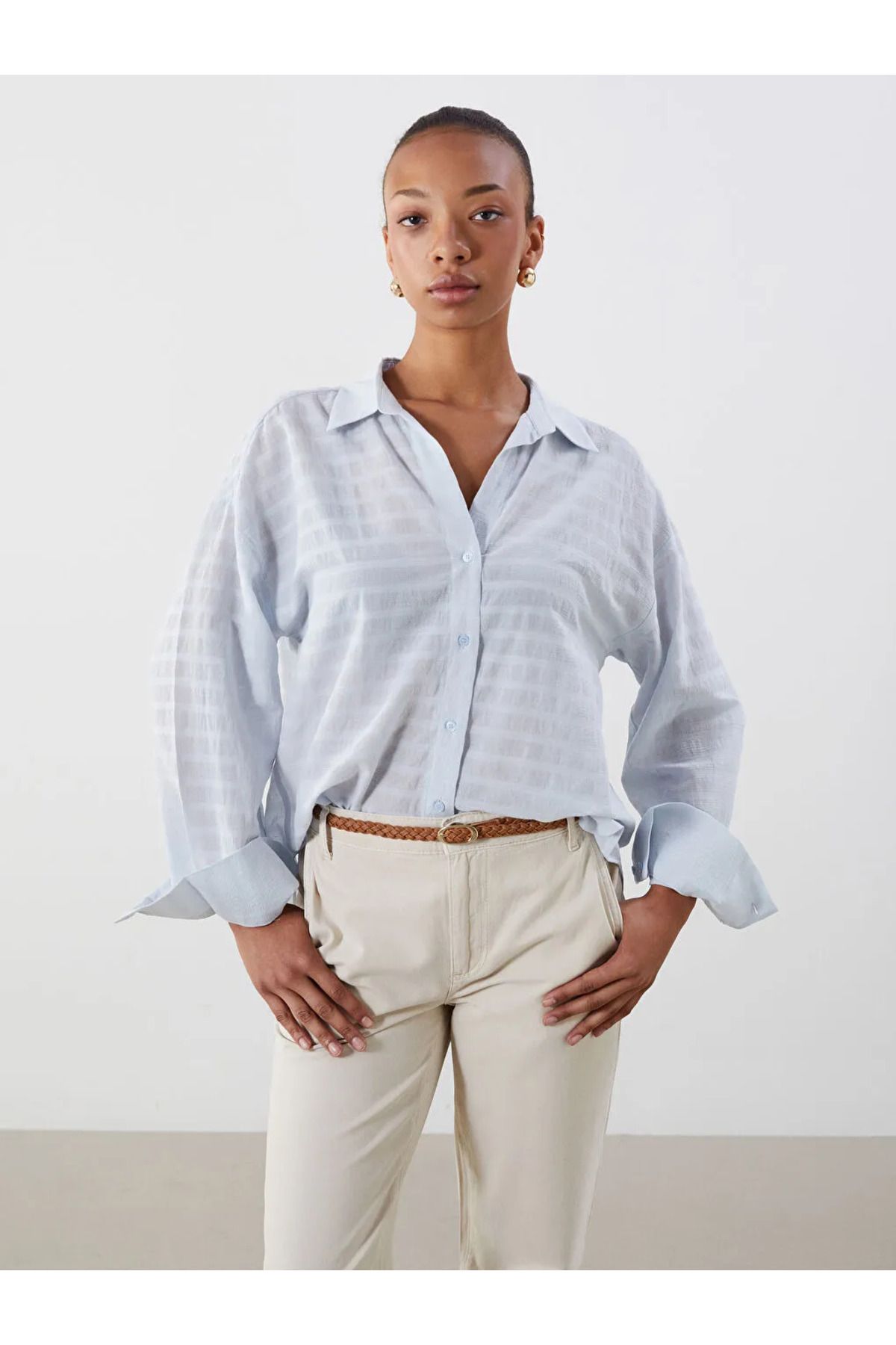 LC Waikiki LCW Vision Mavi Çizgili Oversize Kadın Gömlek