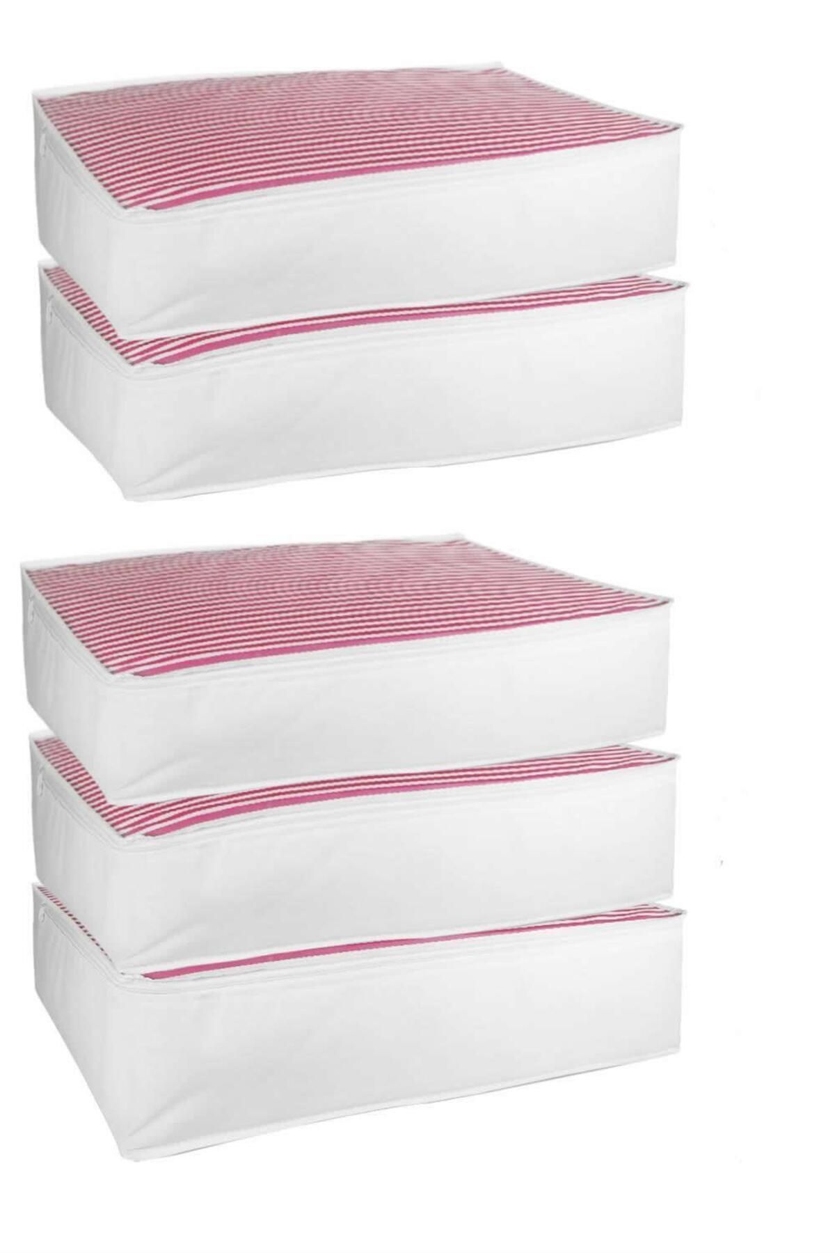 teknotrust 5'li Büyük Boy Pembe Çizgili Baza Altı Düzenleyici Hurç 70x50x25 cm