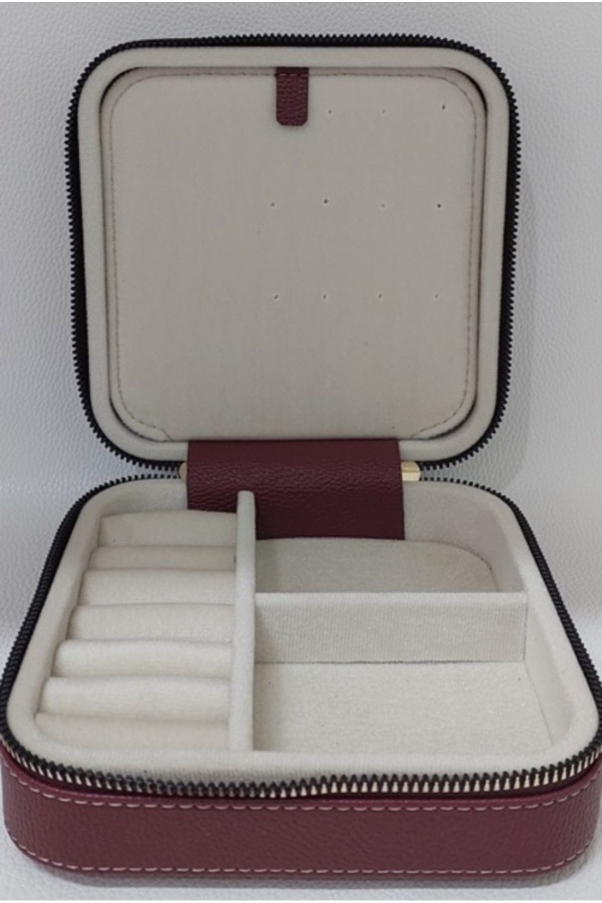 teknotrust Bordo Orta Boy Takı ve Seyahat Kutusu, Ahşap ve Deri, 15x15 cm