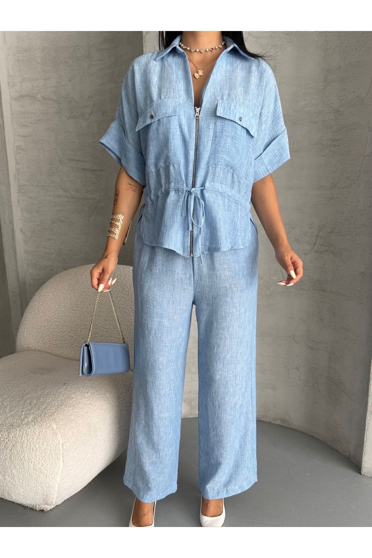Ekim Store Yeni Sezon Keten Fermuarlı Ceket Pantolon Takım