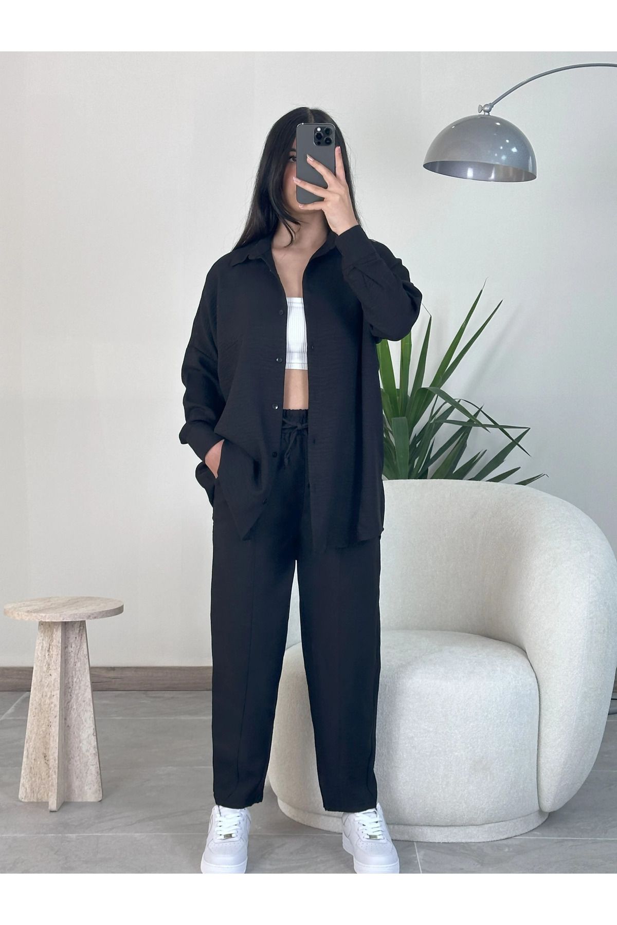 Kyra Studios Siyah Keten Alt Üst Takım 1021