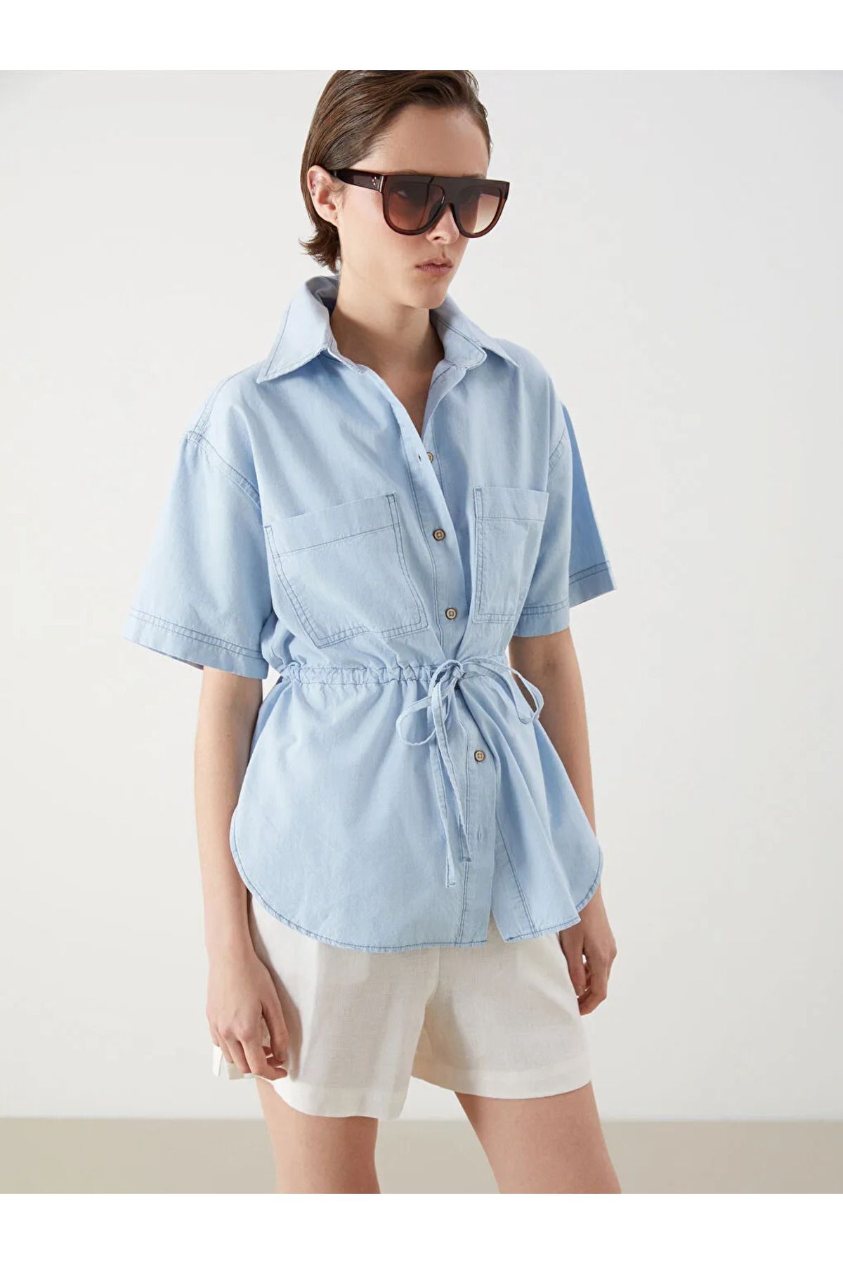 LC Waikiki LCW Vision Indigo Büzgülü Kadın Jean Gömlek