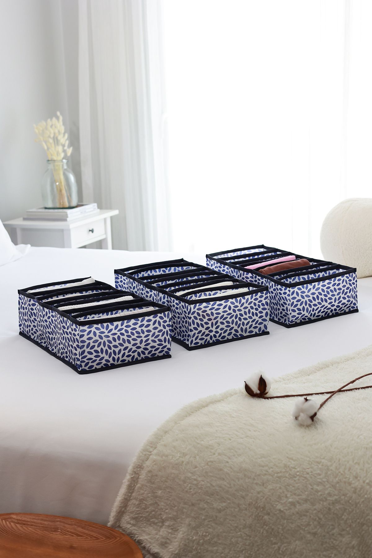 teknotrust Lacivert 3'lü Set, 7 Bölmeli Katlanabilir Dolap Çekmece Organizer