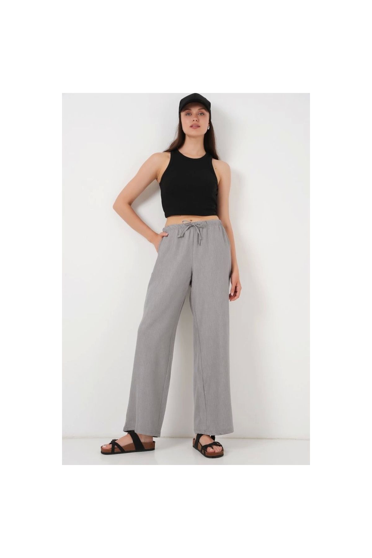 Marsilyan - Geniş Paça Keten Pantolon 6735 - Gri