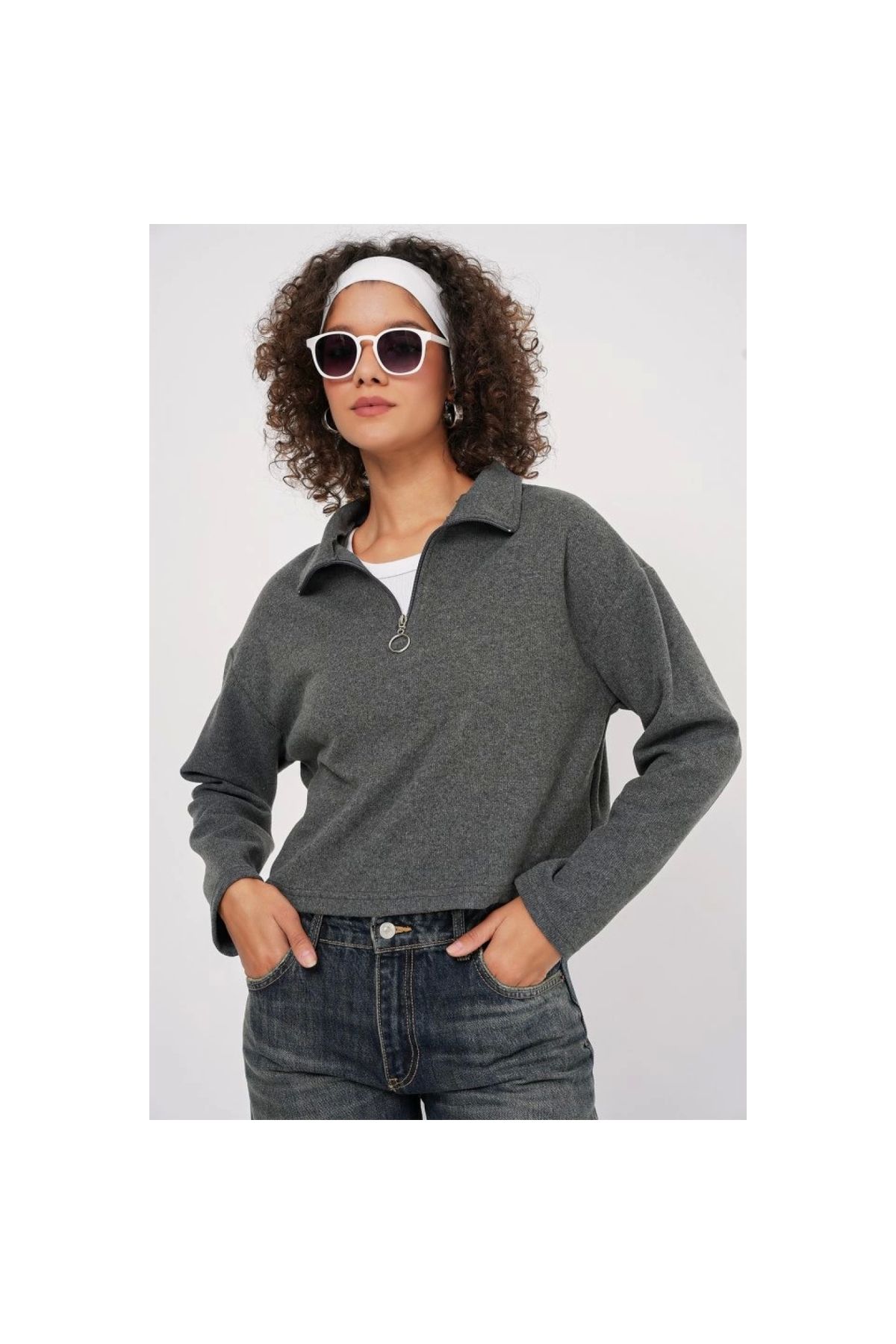 Marsilyan - 55449 Fermuarlı Yaka Örme Sweatshirt Antrasit