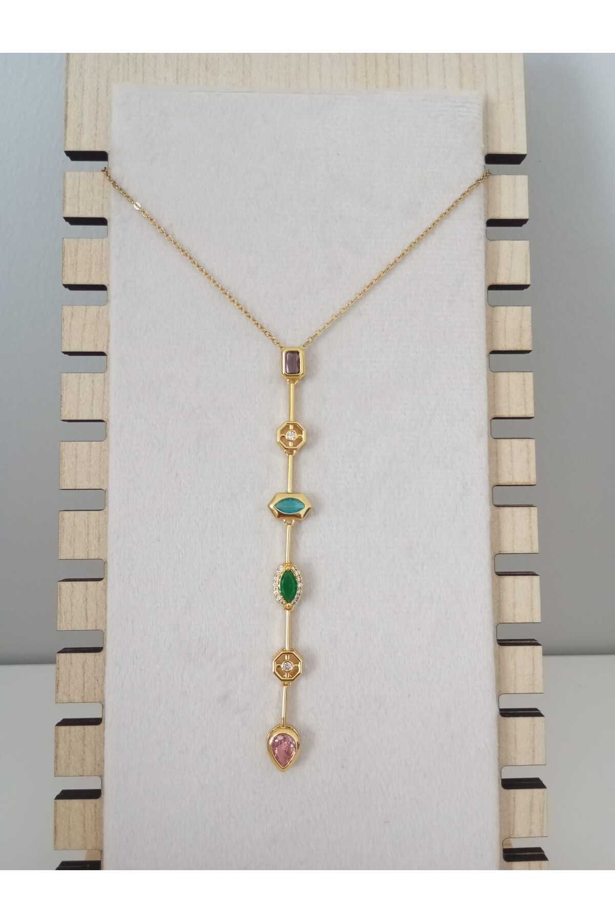 sessjewelry Kadın Gold Çelik 7 Element Taşlı Y Kolye