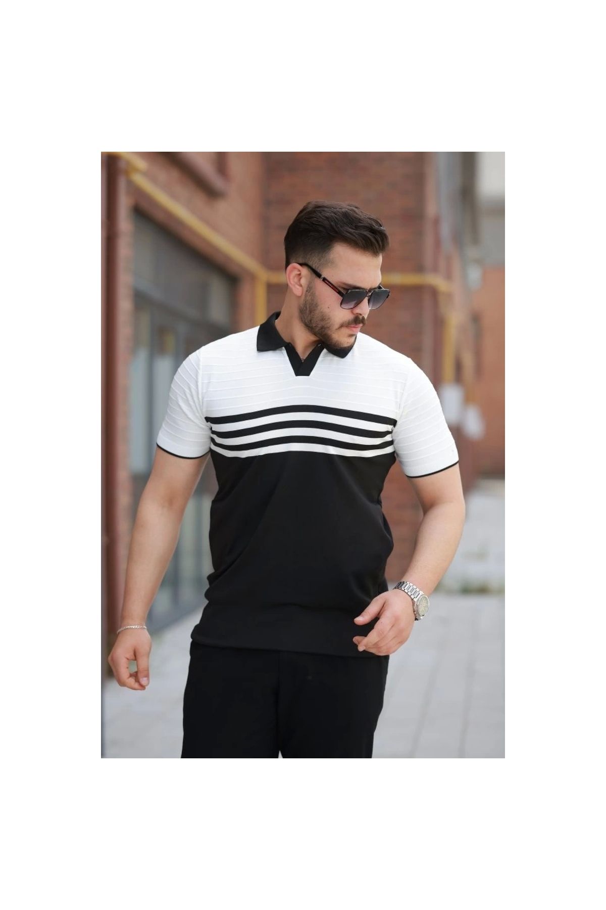 Marsilyan - Erkek çizgi Desenli Yakalı Kısa Kollu T-shirt