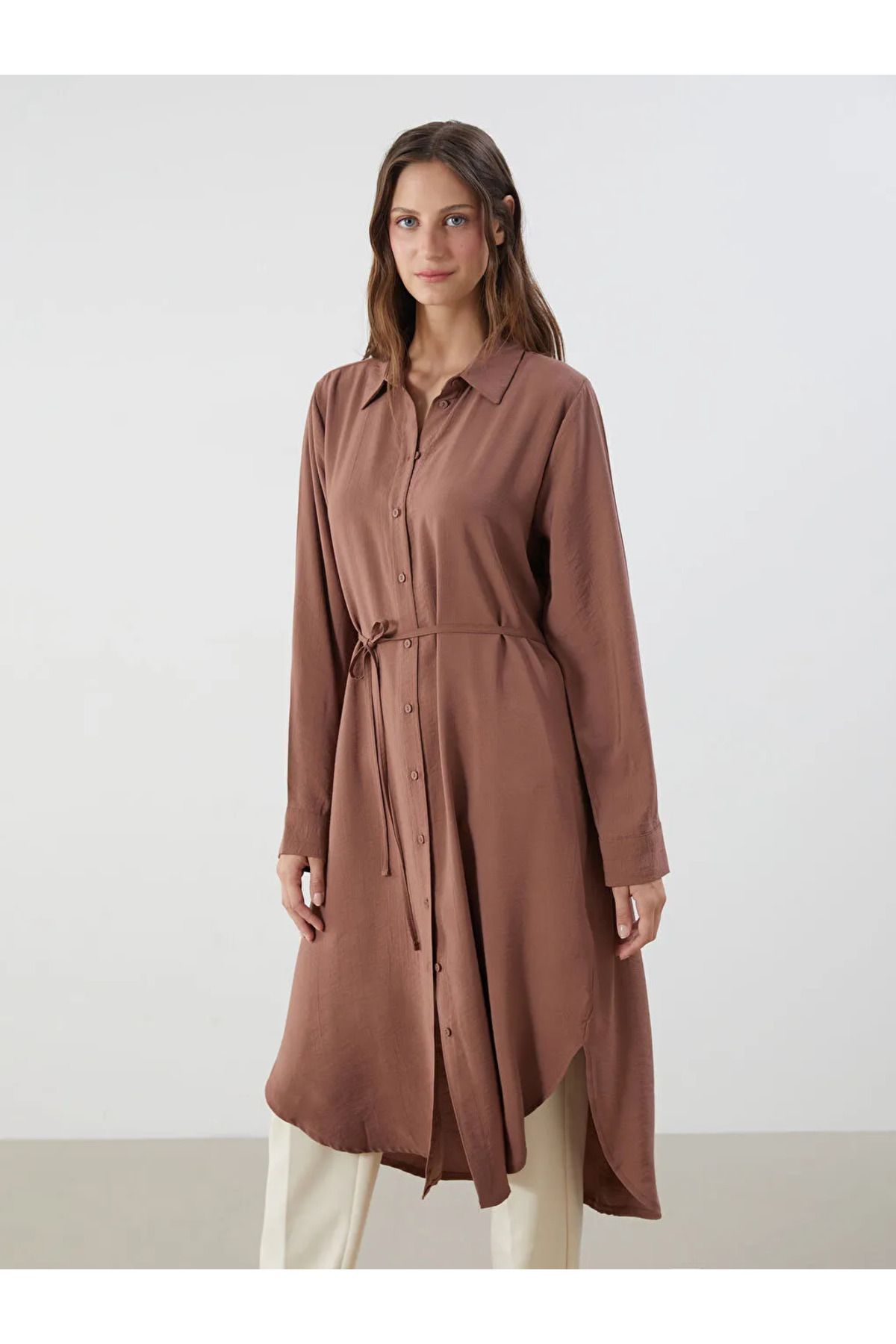 LC Waikiki LCWAIKIKI Classic Kahverengi Dokulu Oversize Kadın Gömlek Tunik