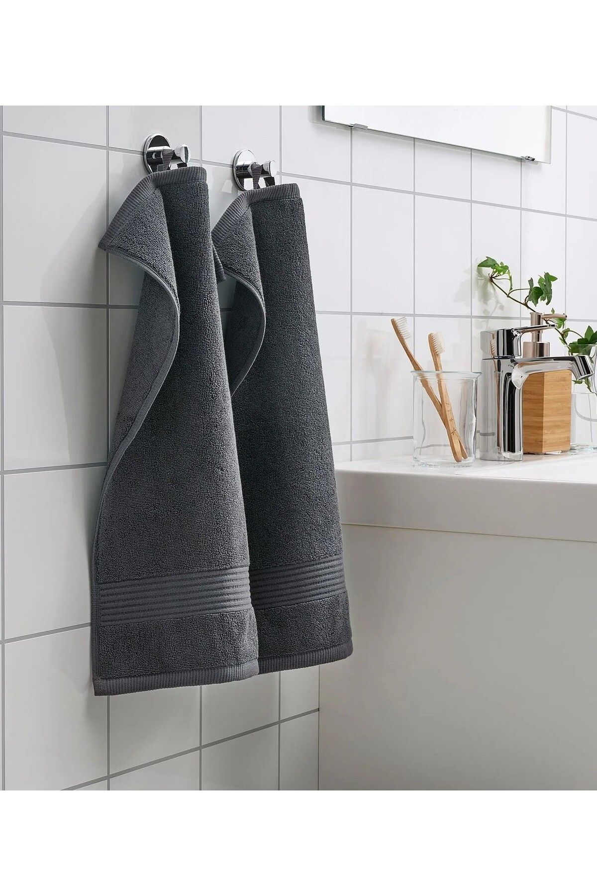 IKEA QUİCK 3 Adet Çizgili Havlu 30x50 Cm İkea 3'lü Set Askılı Banyo Havlusu Koyu Gri El Yüz Havlusu