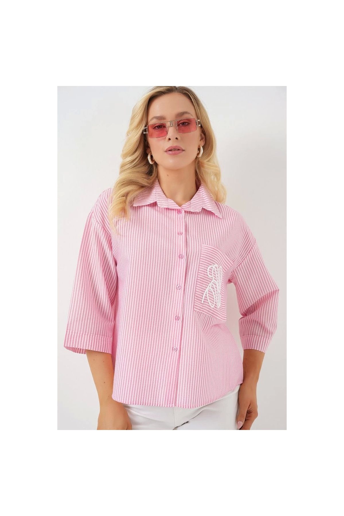 Marsilyan - Tek Cep Nakışlı Gömlek 20328 - Pembe