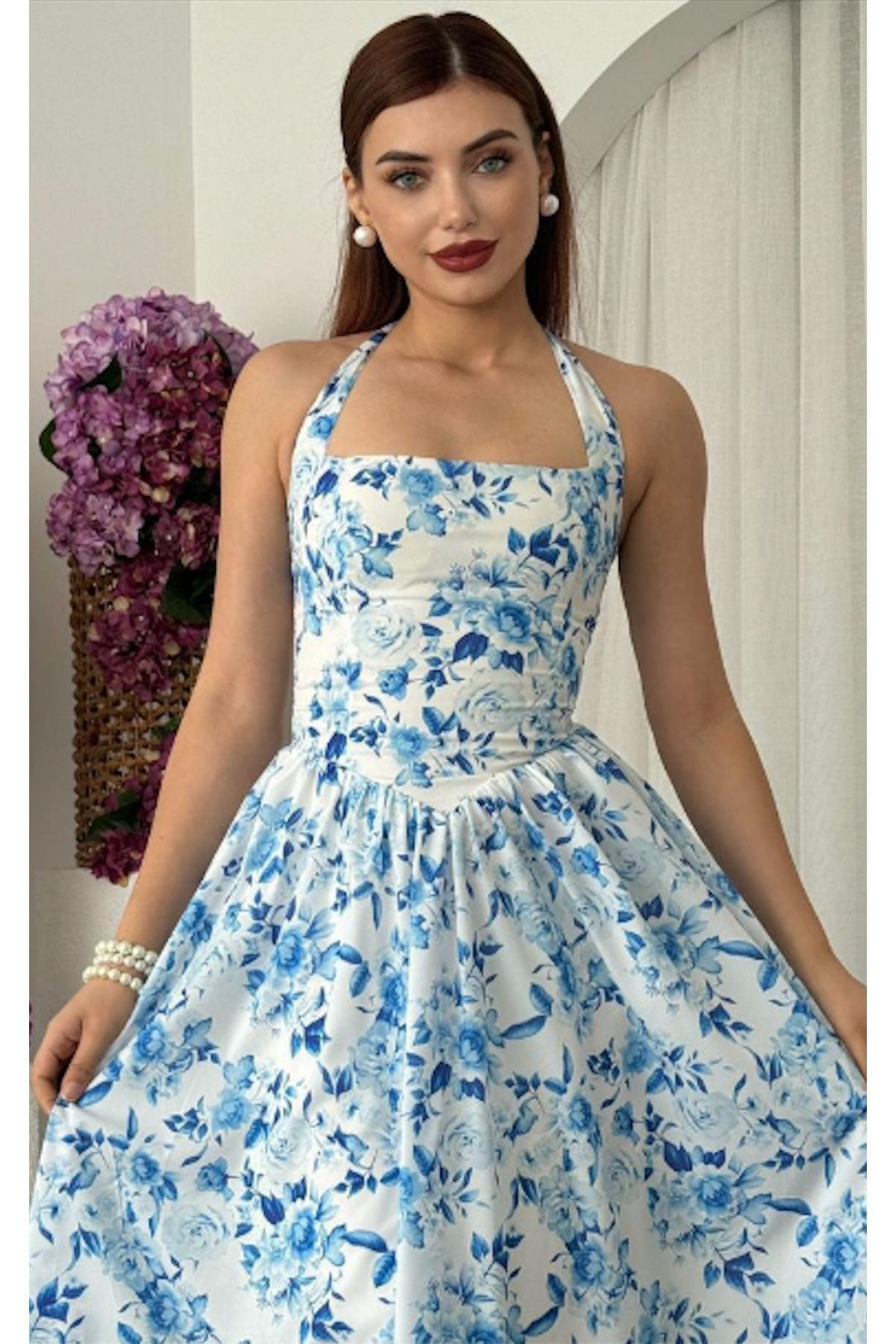 Julidress Çiçek Desenli Korse Görünümlü Pileli Astarlı Midi Boy Premium Elbise
